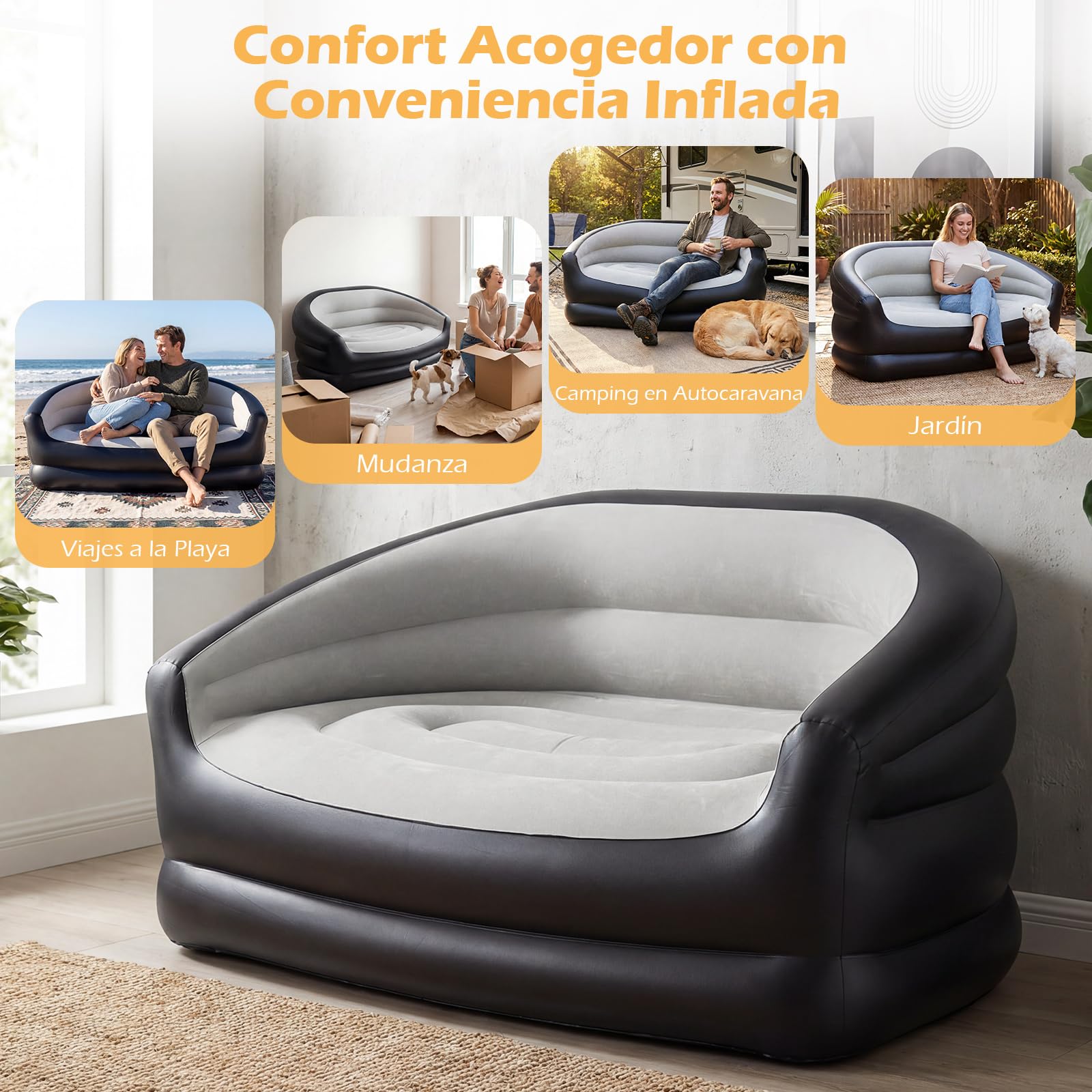 COSTWAY Sofá Inflable para 2 Personas, Sofá Hinchable Doble Portátil y Plegable con Superficie Flocada, Reposabrazos, Sillón Inflable para Exterior, Interior, Camping, Viajes, Sin Bomba