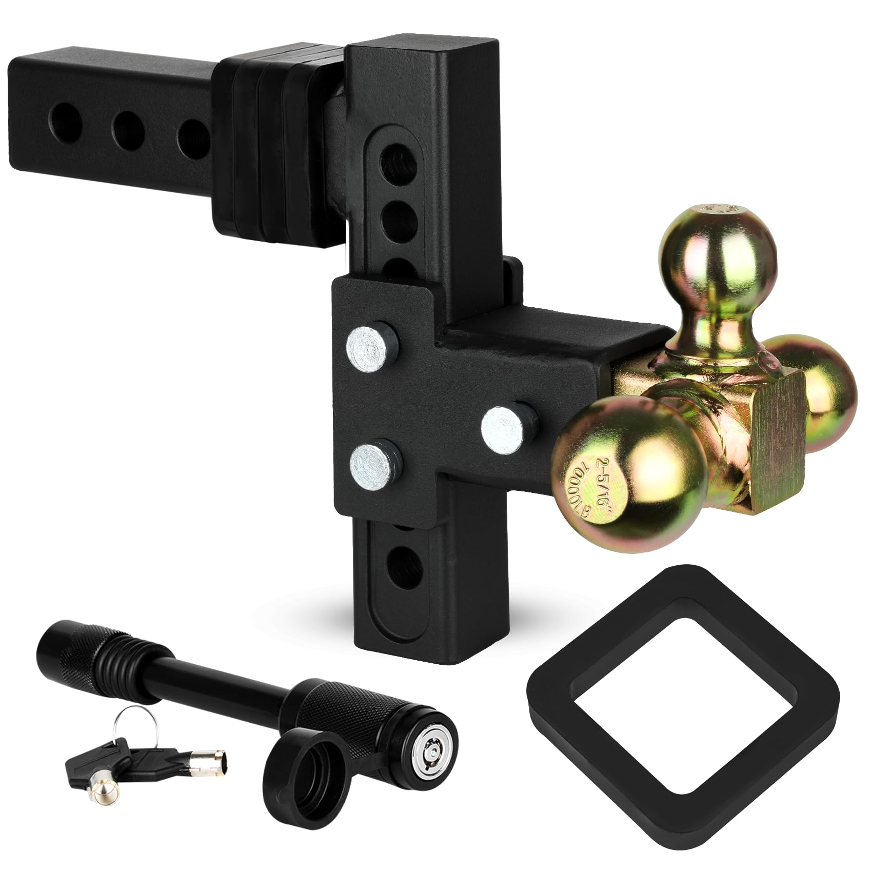 Souyou Adjustable Trailer Hitches Tow & Stow, Tri-Ball Hitch (1-7/8" x 2" x 2-5/16"), Fits 2-Inch Receiver, 5" Drop Hitch, Max 10000 lbs Tow for Heavy Duty Truck, Solid Ball Hitch