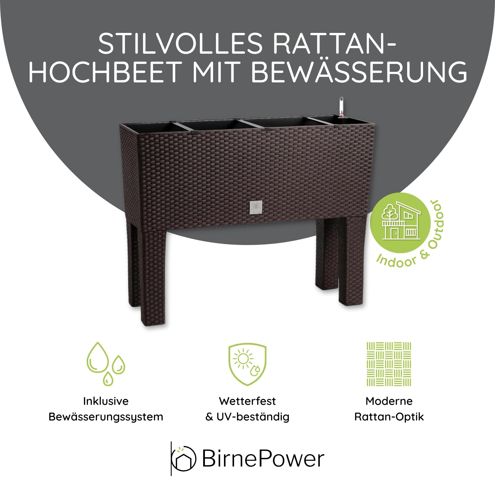 BirnePower Blumentopf Blumenkasten mit Füßen Blumenkübel Rattan Optik Pflanzenkasten Bewässerung (600 umbra)