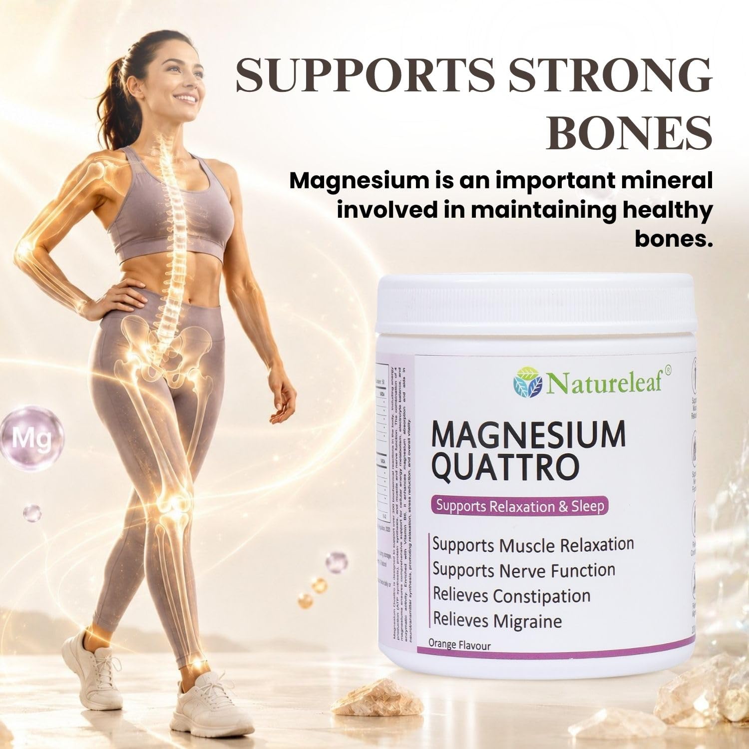 Natureleaf Magnesium Quattro Powder with Vitamin B6 | Magnesium Citrate, Glycinate, Malate & Oxide Blend | Supports Muscle Relaxation, Sleep, Nerve Function & Bone Health | Orange Flavour | 250g 4