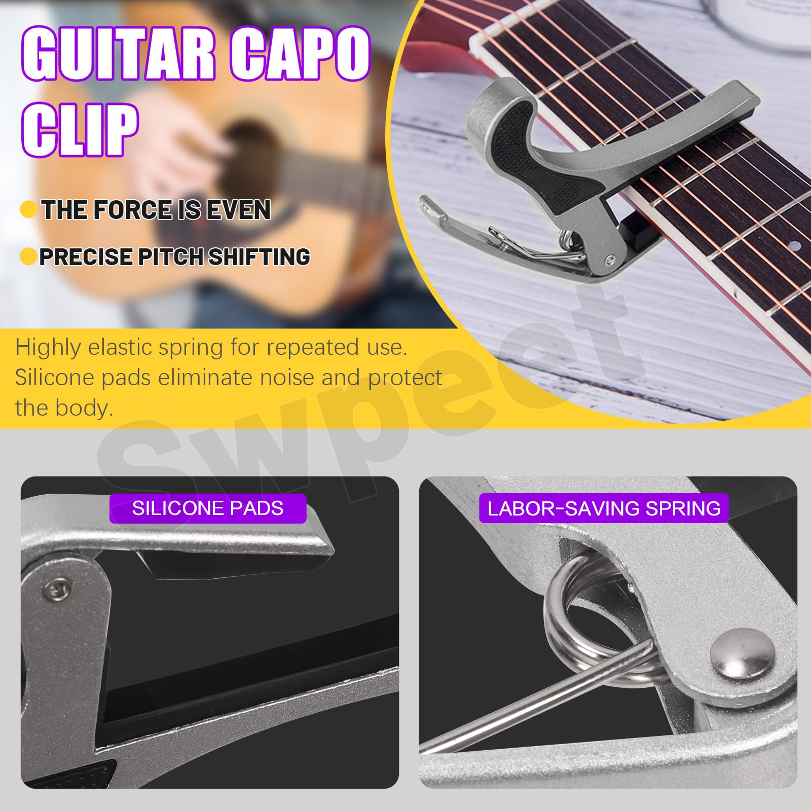 Swpeet 57Pcs Kit de accesorios de guitarra - Incluye Picks, cuerdas, Capo, Cortador de cuerdas, pasadores de puente, Pick Holder, huesos sillín y tuerca, protectores de dedos para guitarristas