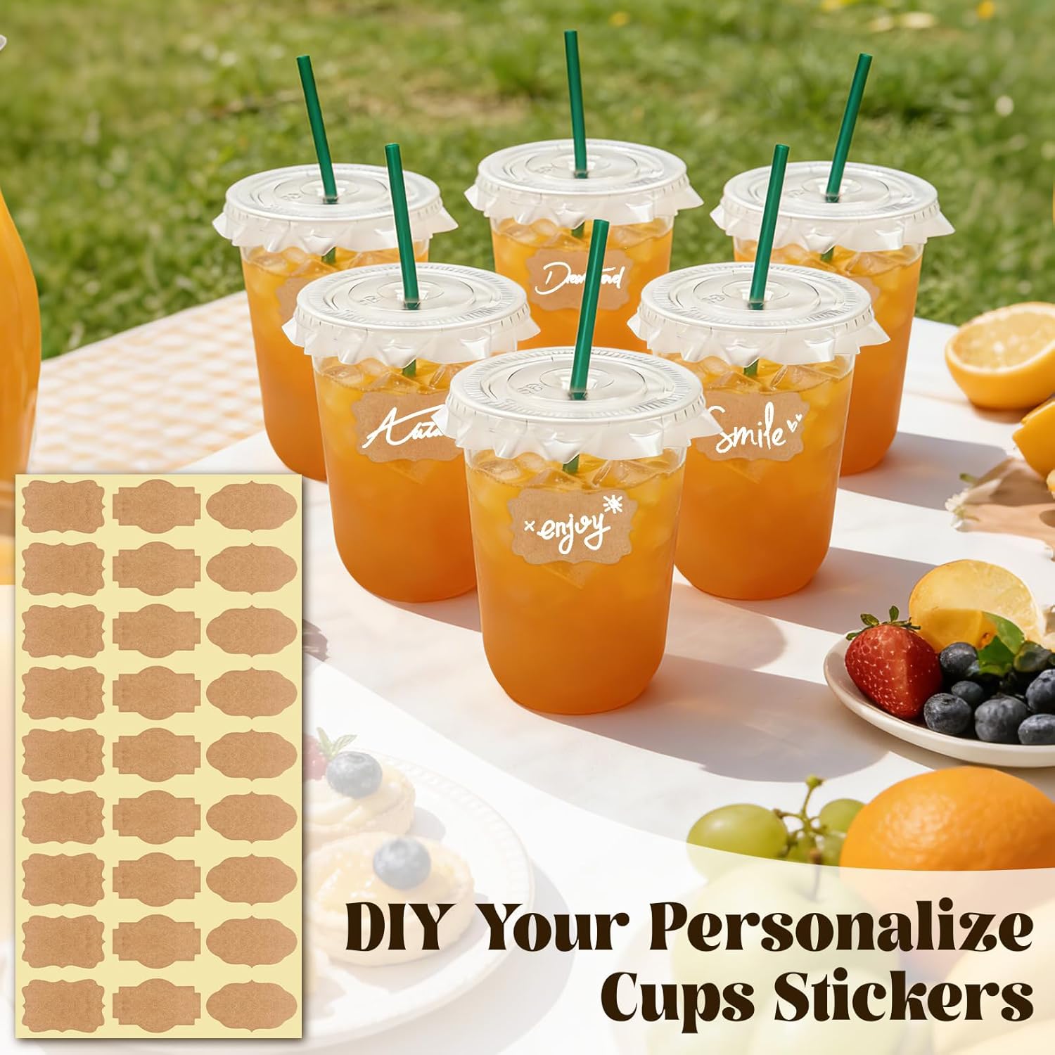 25 Sets 16 oz Clear Plastic Cups with Lids and Straws, Disposable Iced Coffee Cups for Cold Beverages, Smoothies, Bubble Tea, Includes Leak-Proof Paper and Stickers - Image 8
