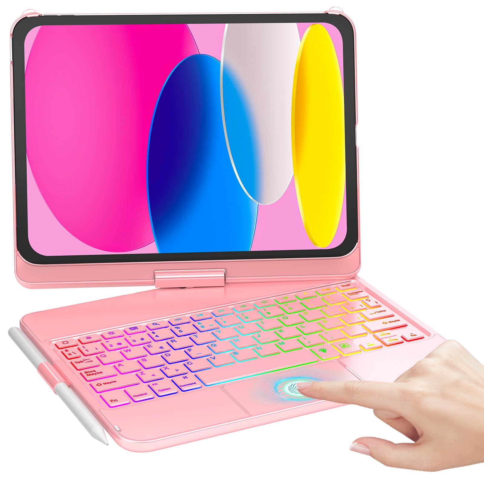 MMK Keyboard Case for iPad 11th Generation A16 2025 & 10th Generation 2022 with Touchpad, 360° Rotatable & 7 Color Backlit Keys & Bluetooth Wireless Connection with Pencil Slot