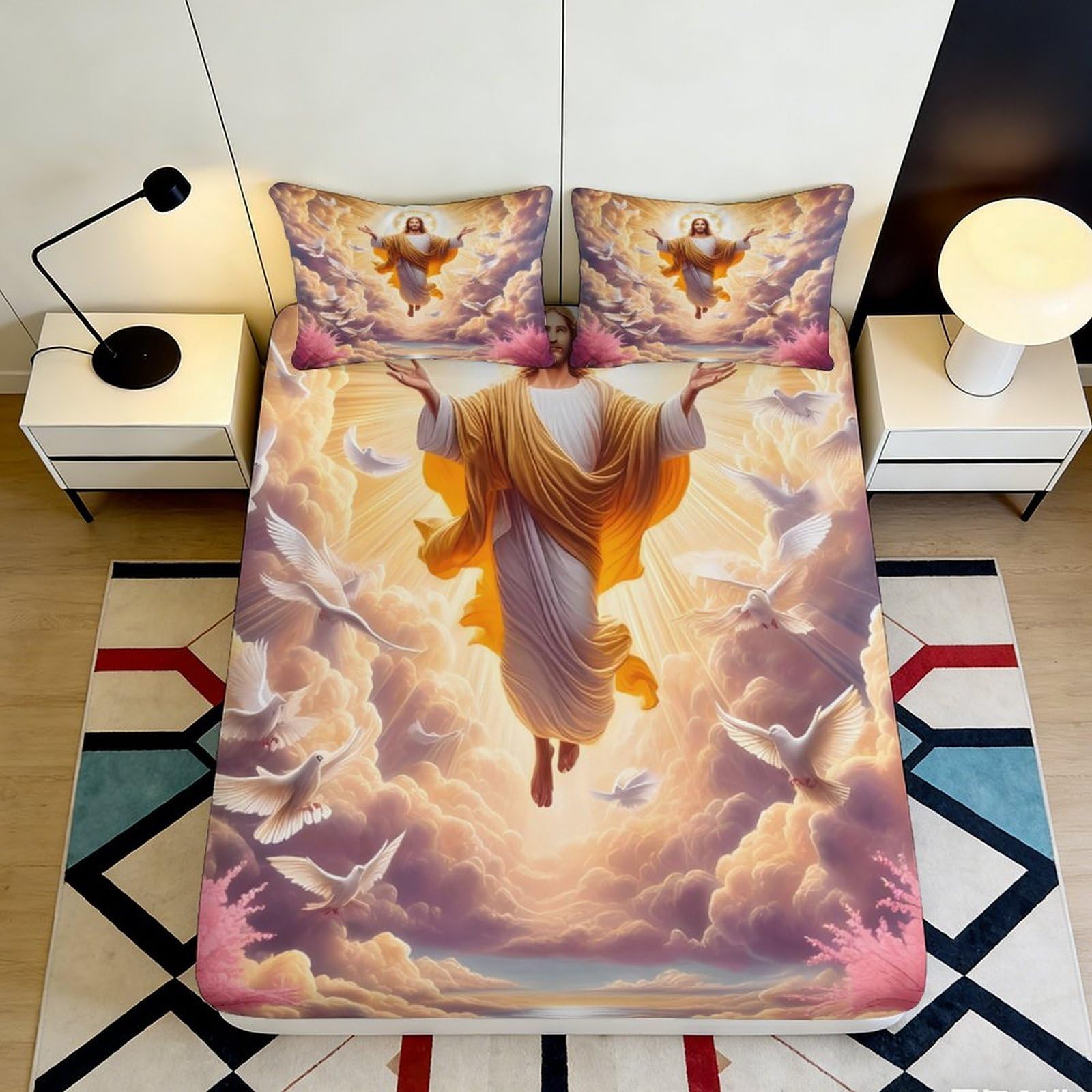 3D Printed Ascension Jesus Fitted Sheet Microfiber Soft Golden Clouds Mattress Cover Bedroom Dorm Protector Decor 90x200x25cm
