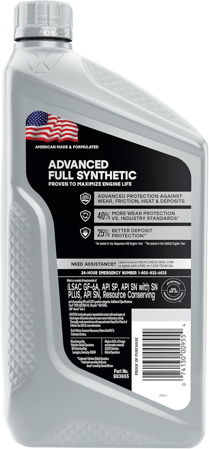 Valvoline Advanced Full Synthetic SAE 5W-30 Motor Oil 1 QT, Case of 6 - Image 3