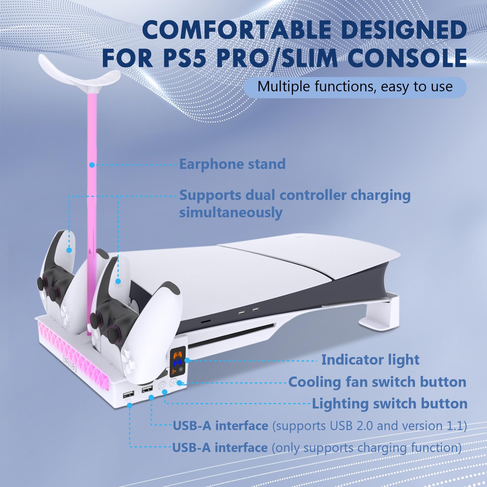 Sehawei Soporte para PS5 Slim/Pro con Ventilador de 2 Velocidades, Cargador para Mando PS5 con Luz LED, Soporte PS5 Horizontal con 2 Puertos USB y Holder Headphone para PS5 Slim (No para P5 2020)
