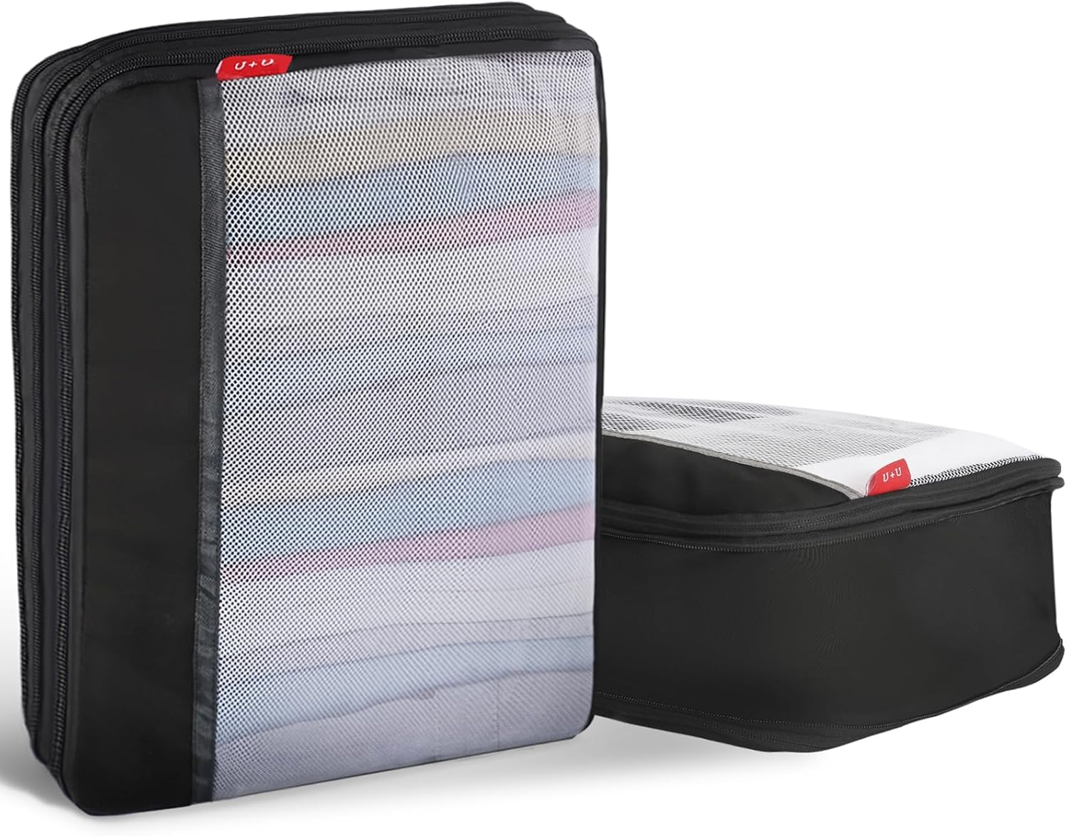 Compression Packing Cubes for Travel Essentials, 2 Set Suitcase Organizers for Luggage Carry on, Large Lightweight Compressible Expandable Mesh Travel Cubes by U+U, Black