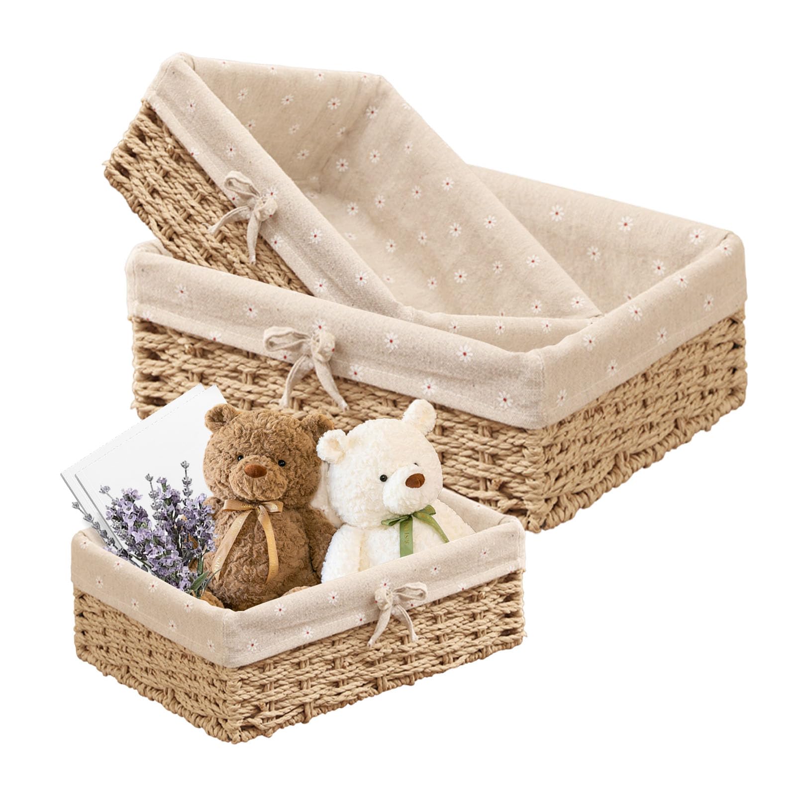 Brotkorb 3er Set, Brotkorb Geflochten mit Baumwolleinsatz, Aufbewahrungskorb Geflochten, Brötchenkorb Scandi Style, Brotkörbchen zum Brot, Backwaren und Haushaltswaren(Beige)
