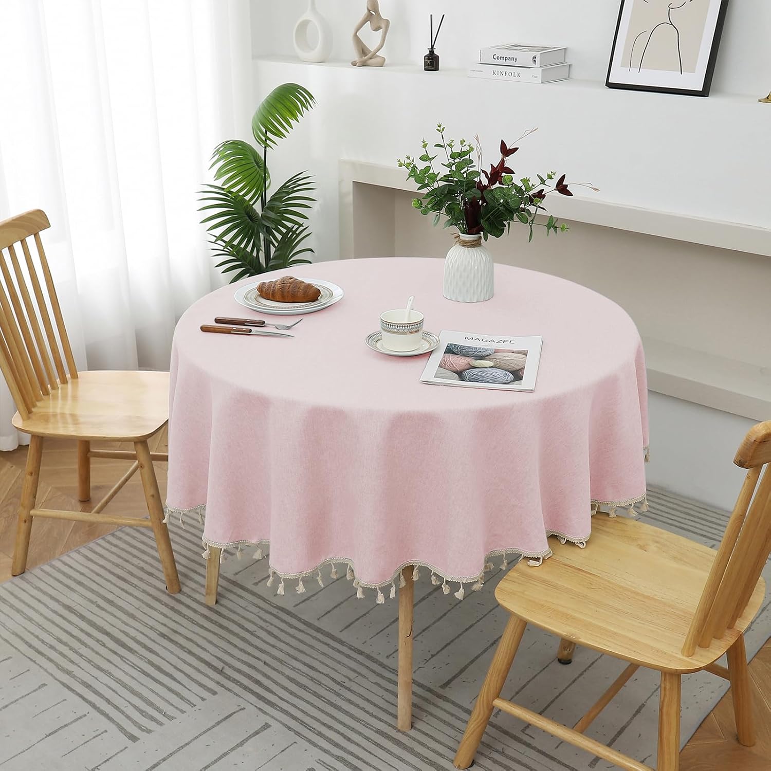 Qubjus Round Textured Tablecloth Waterproof Cotton Linen Tassel Wrinkle Free Washable Decorative Fabric Table Cover for Kitchen Dining Table, Round-78, Pink