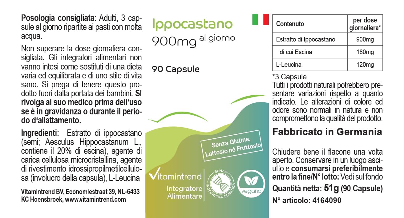 Vitamintrend Marronnier d'Inde 900 mg par jour, 90 gélules, facile à avaler, 20% d'aescine, hautement dosé, complément alimentaire vegan sans stéarate de magnésium, fabriqué en Allemagne