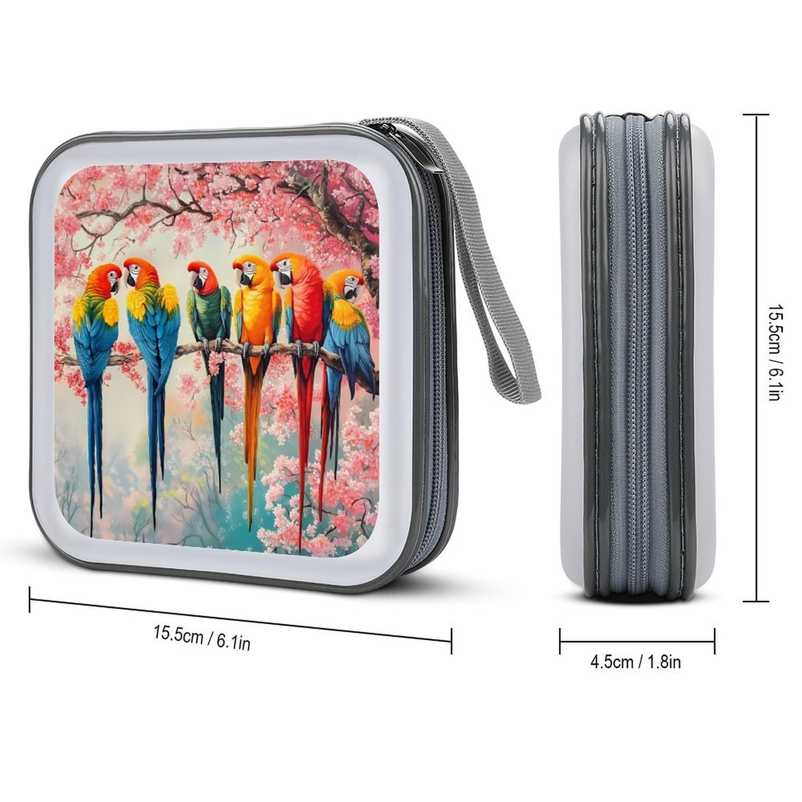 Cherry Flowers Parrot Bird CD Case Portable DVD Holder Storage Organizer for Home Travel