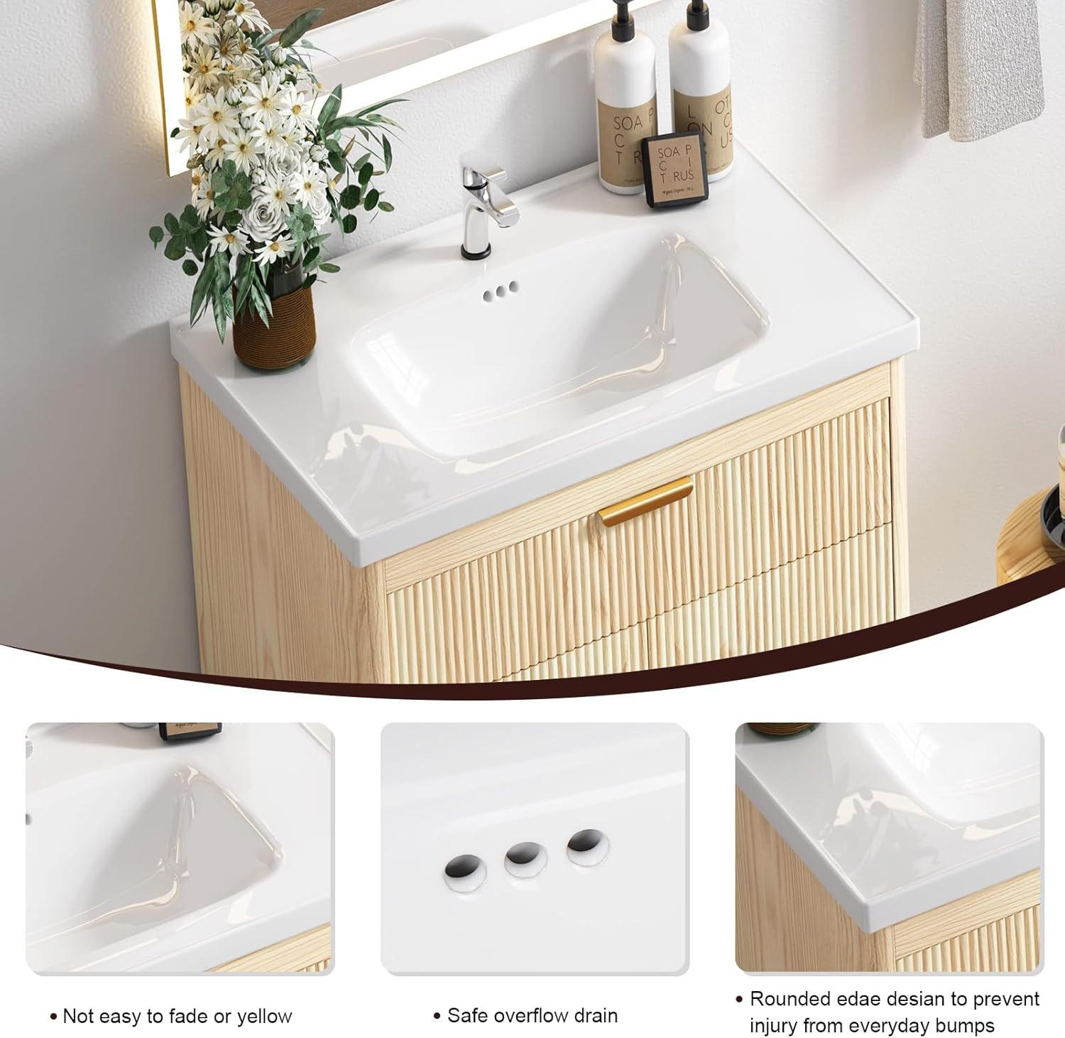 24 Inch Bathroom Vanity with Sink, Bathroom Cabinet Vanity for Small Space, Freestanding Storage Bathroom Vanity with 2 Soft Closing Cabinets, Nature Wood