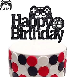 Video Game Controller Cake Topper Glitter Black Gaming Themed Kids Boy Girl Happy Birthday Party Decorations (Double-sided)