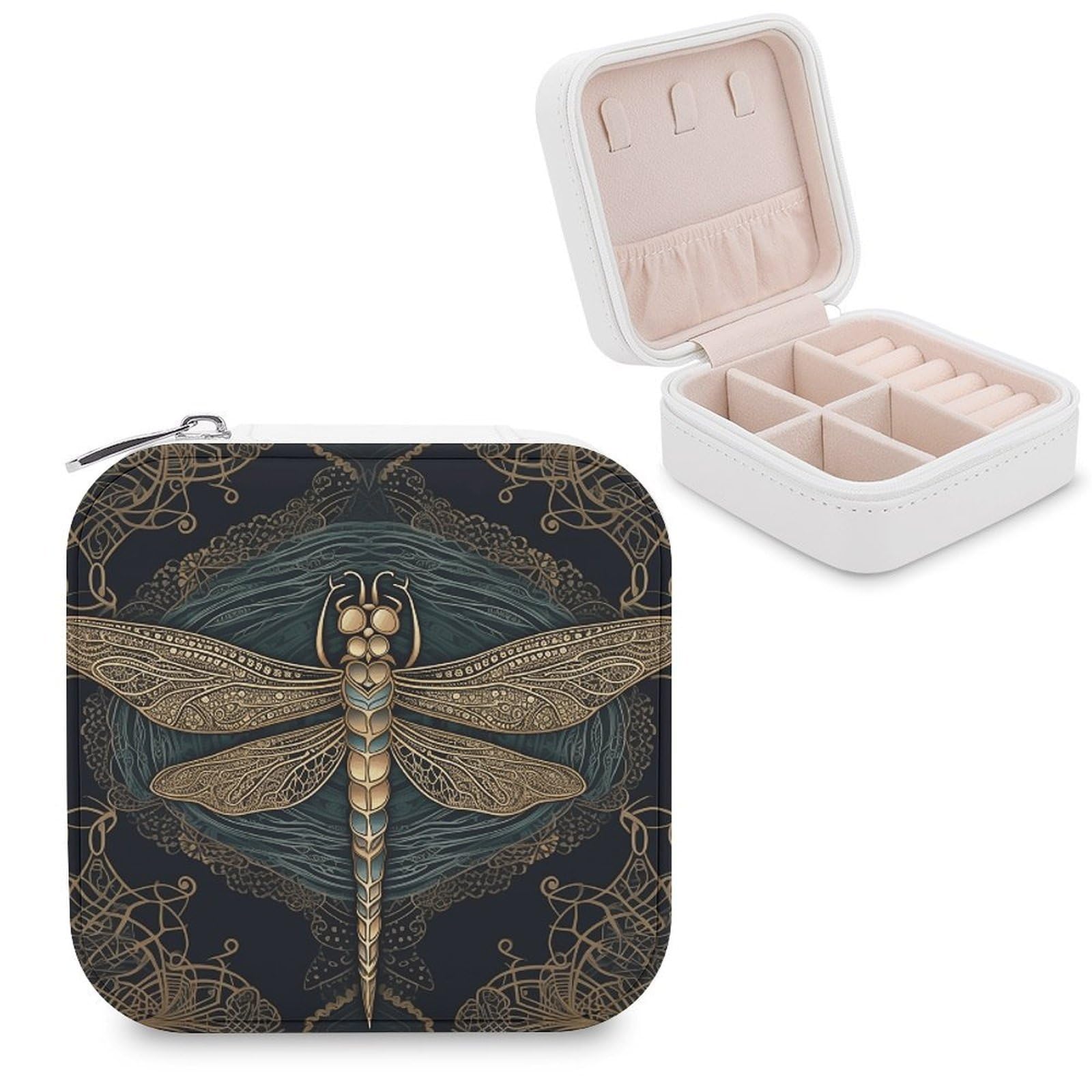 VstaDank Dragonfly Travel Jewelry Case Zipper Portable Small Jewelry Box Custom Pu Leather Mini Traveling Jewelry Organizer for Rings Earrings Necklace Bracelet Girls Women
