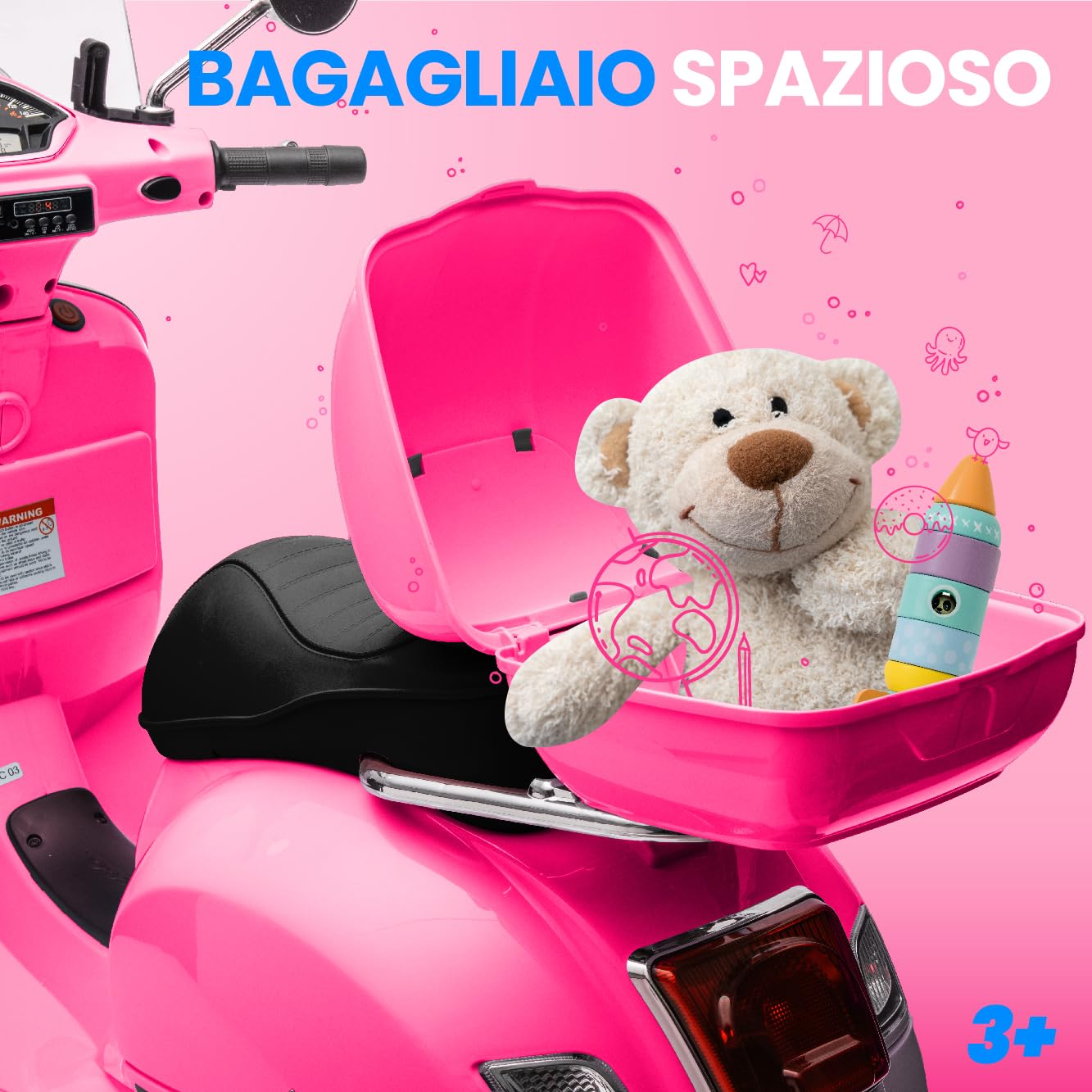 Moto elettrica per bambini Vespa, Motocicletta con ruote e sedile in plastica, bagagliaio, lettore MP3, presa AUX USD MicroSD (Fuchsia)