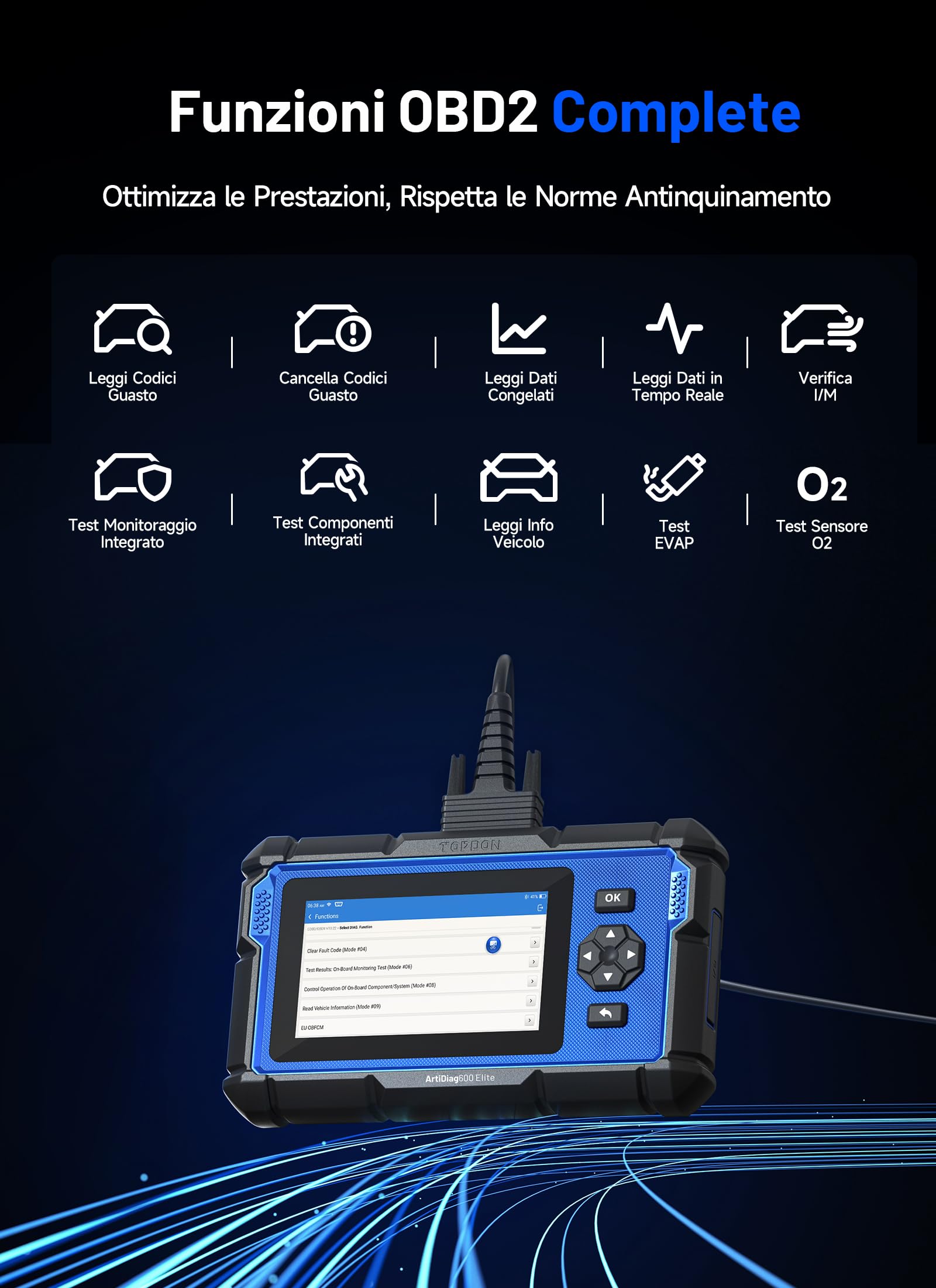 TOPDON ArtiDiag600 Elite OBD2 Auto Diagnostica Italiano, Sistema Completo, 13 Servizi di Reset, Diagnostica Auto con CAN-FD, FCA/SGW, 2 Anni di Aggiornamenti Gratuiti