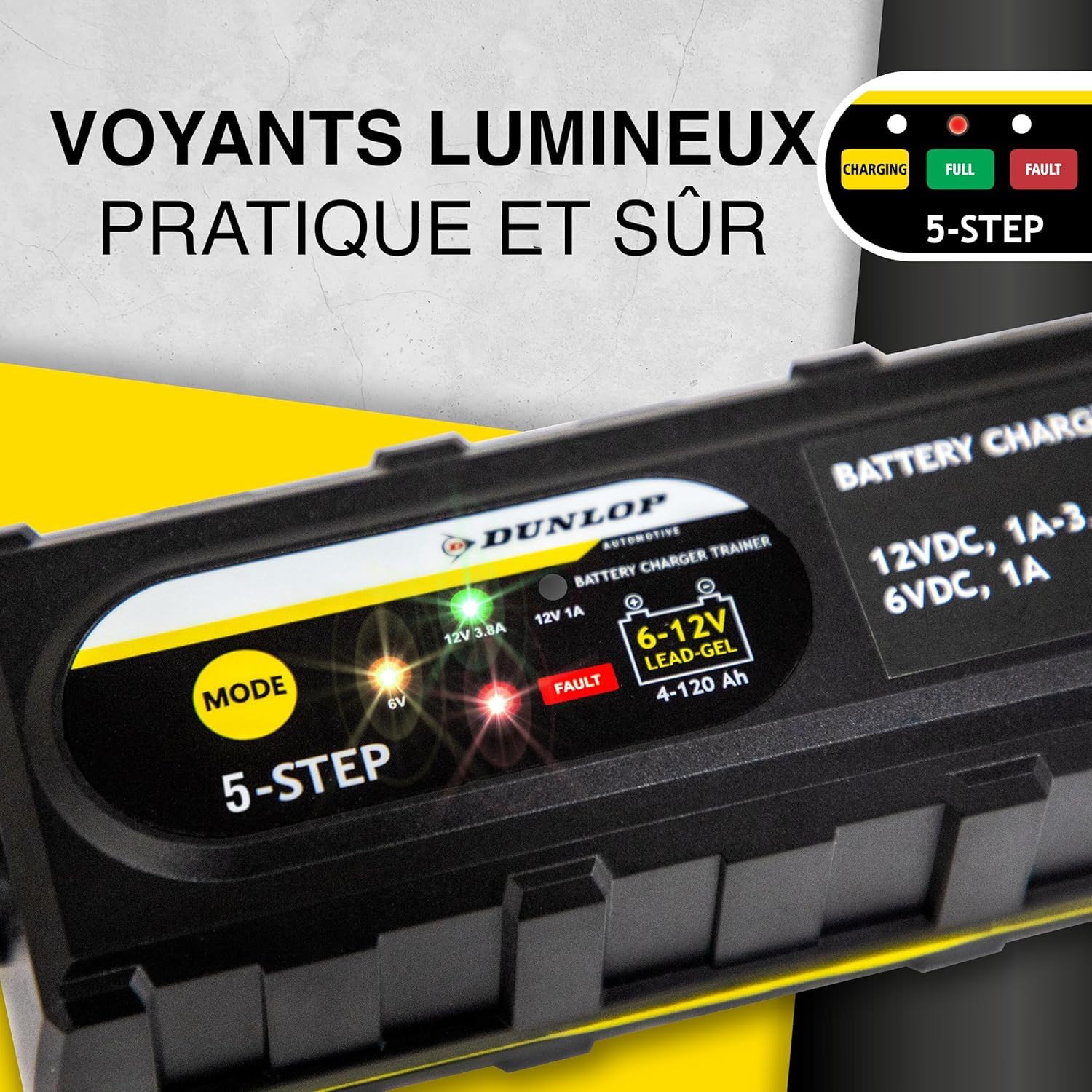 Chargeur Intelligent Dunlop 1A 12V - Chargeur Batterie Voiture & Moto, Gel & Standard, Charge Auto 5 Étapes, Sécurisé & Facile