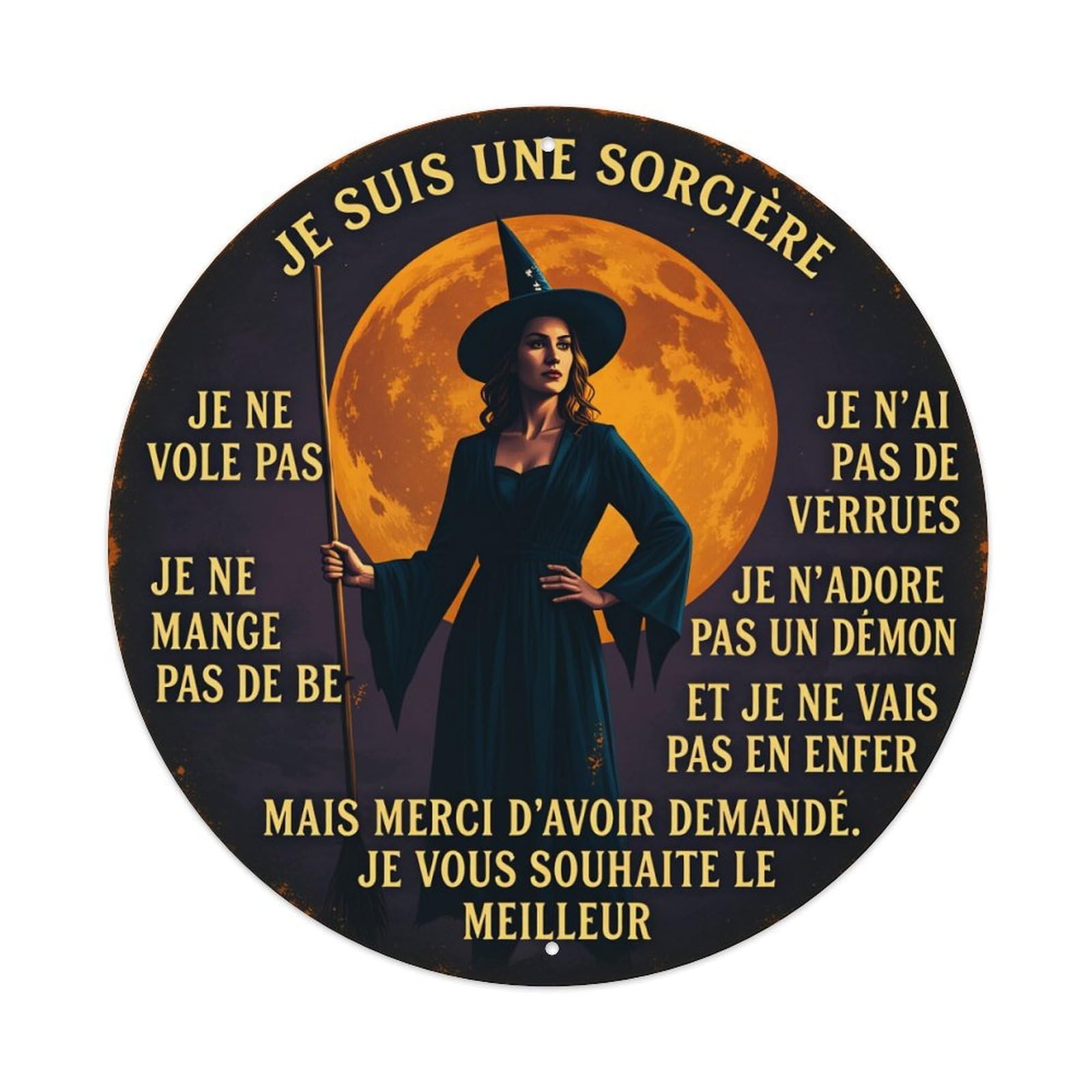 Witch Moon Staff Hat Dress Round Tin Sign Vintage Metal Poster Retro Bar, Home, Man Cave, Kitchen, Laundry Room Wall Art Decor Gift 8x8In