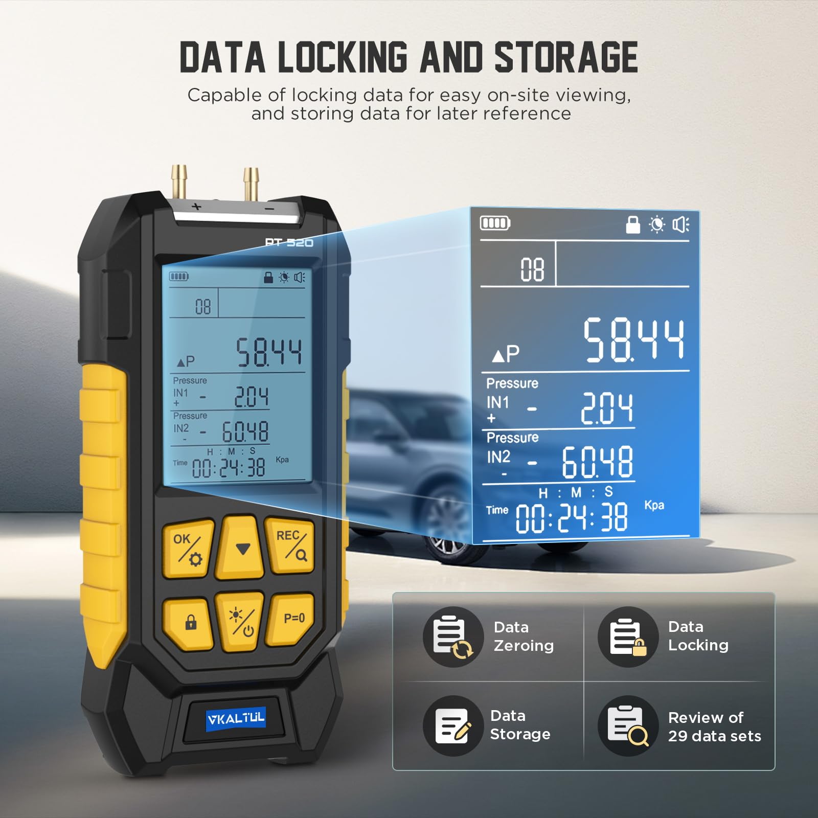 Manómetro de presión digital,Manómetro de presión de aire comprimido con valor de alta precisión, 10 lecturas, 29 almacenamiento de datos,Múltiples adaptadores de medición, -100~200Kpa