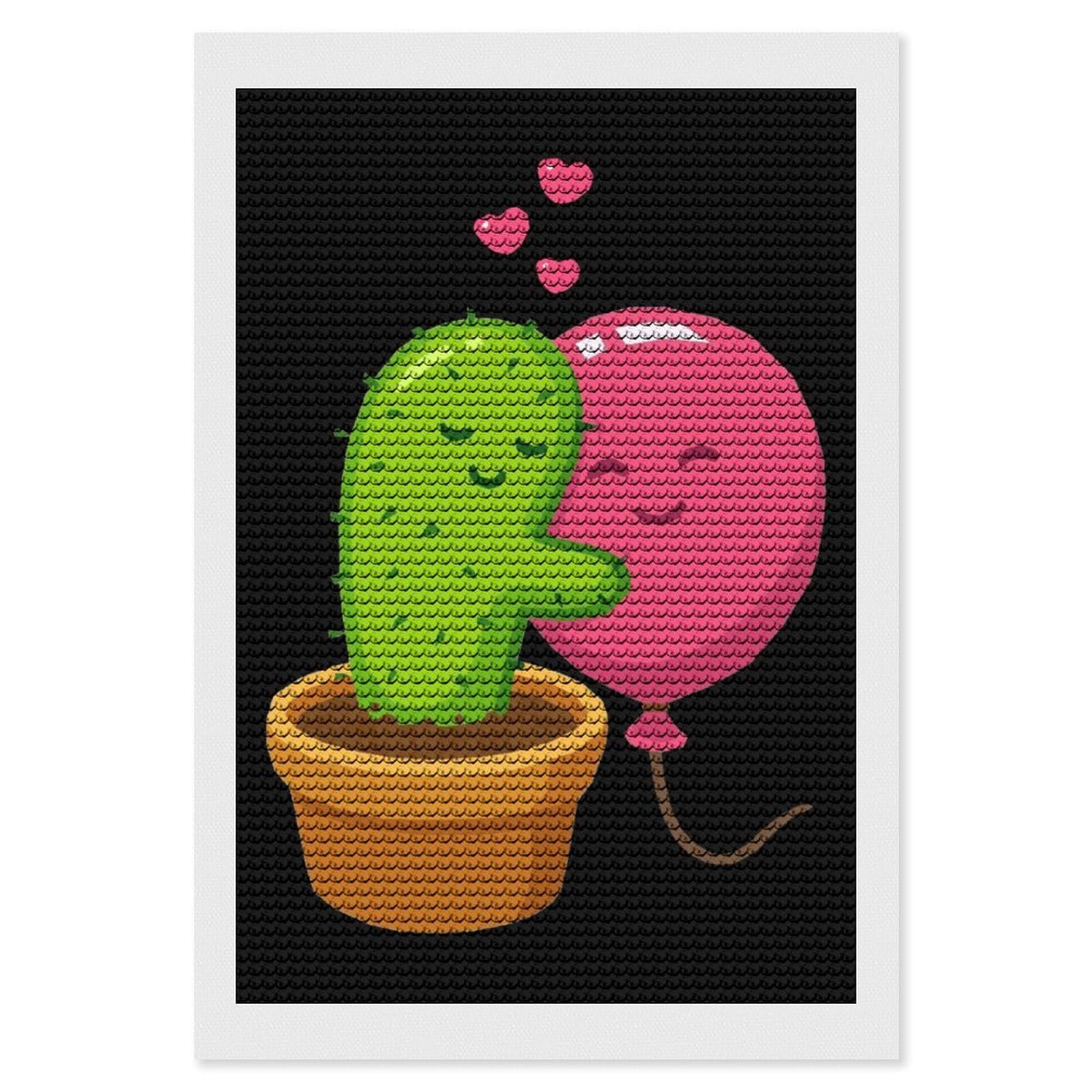 Nclqvjxzkhw Style Cute Cactus And Balloon Hug Diamond Art Painting For Adult Round Diamonds Pictures Arts Crafts Home Wall Decor 8"X12"