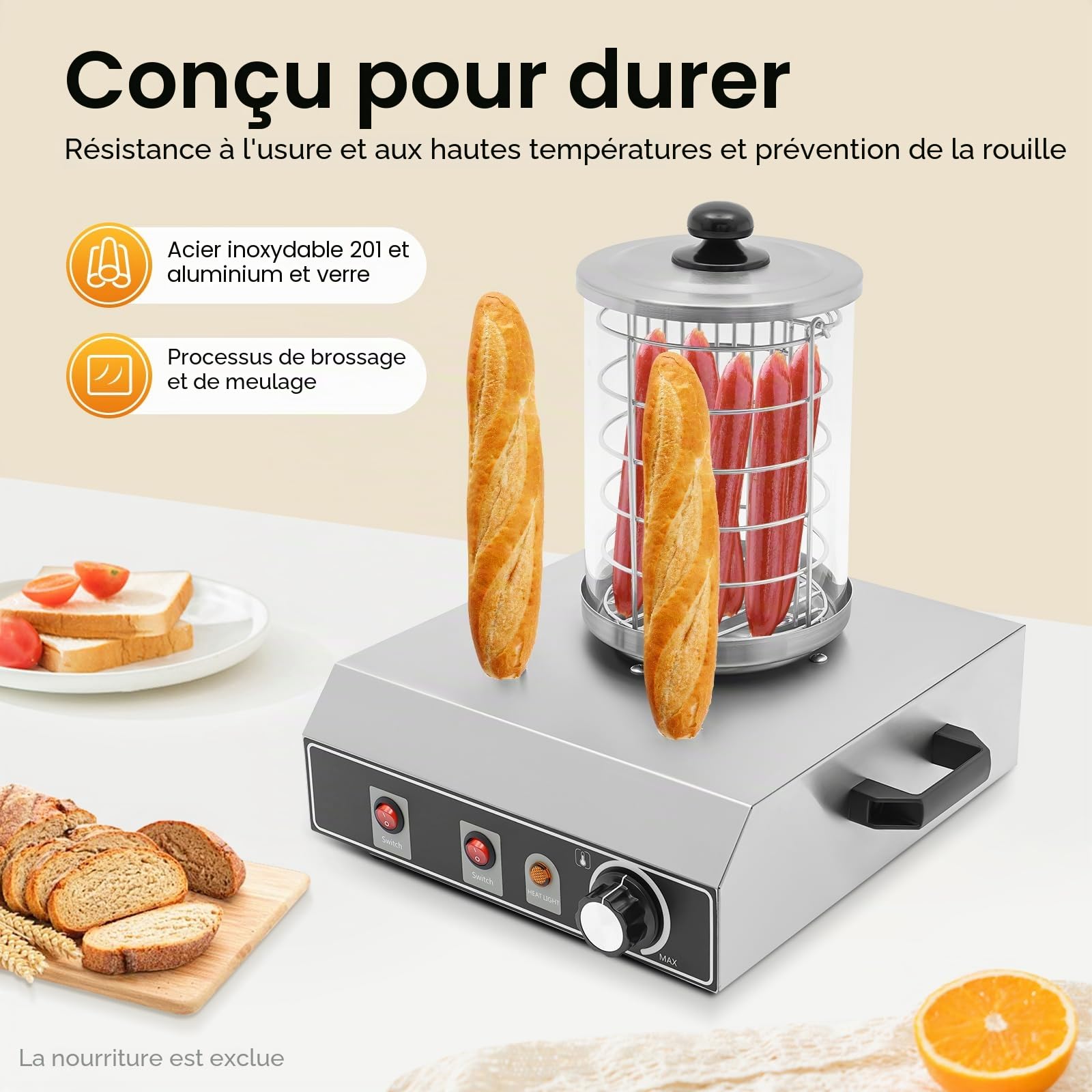 Chauffe-saucisses, réchaud à saucisses, appareil de cuisson à saucisses, chauffe-saucisses, en acier inoxydable, température réglable de 0 à 185 °C, pour la maison, restaurant, café, boulangerie