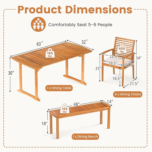 Miniatura 5 de Tangkula Juego de comedor de madera de acacia para exteriores, 6 piezas, mesa de comedor rectangular con agujero para sombrilla y 4 sillas