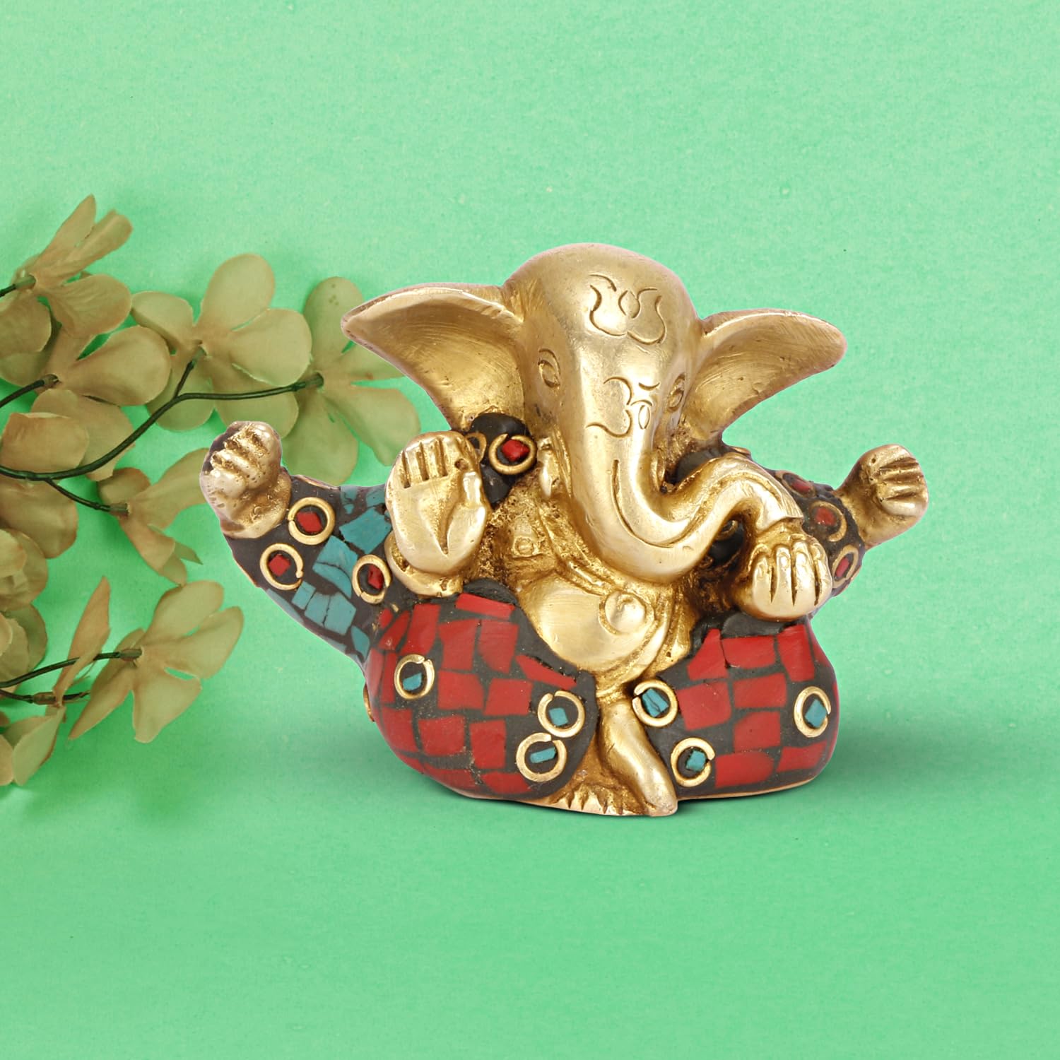 Seigneur Appu Ganesh en laiton certifié pur avec pierre de tortue gravée, (idole de 5 cm pour la maison) | Ganesh Murti | Design pour bureau, voiture et décoration d'intérieur |