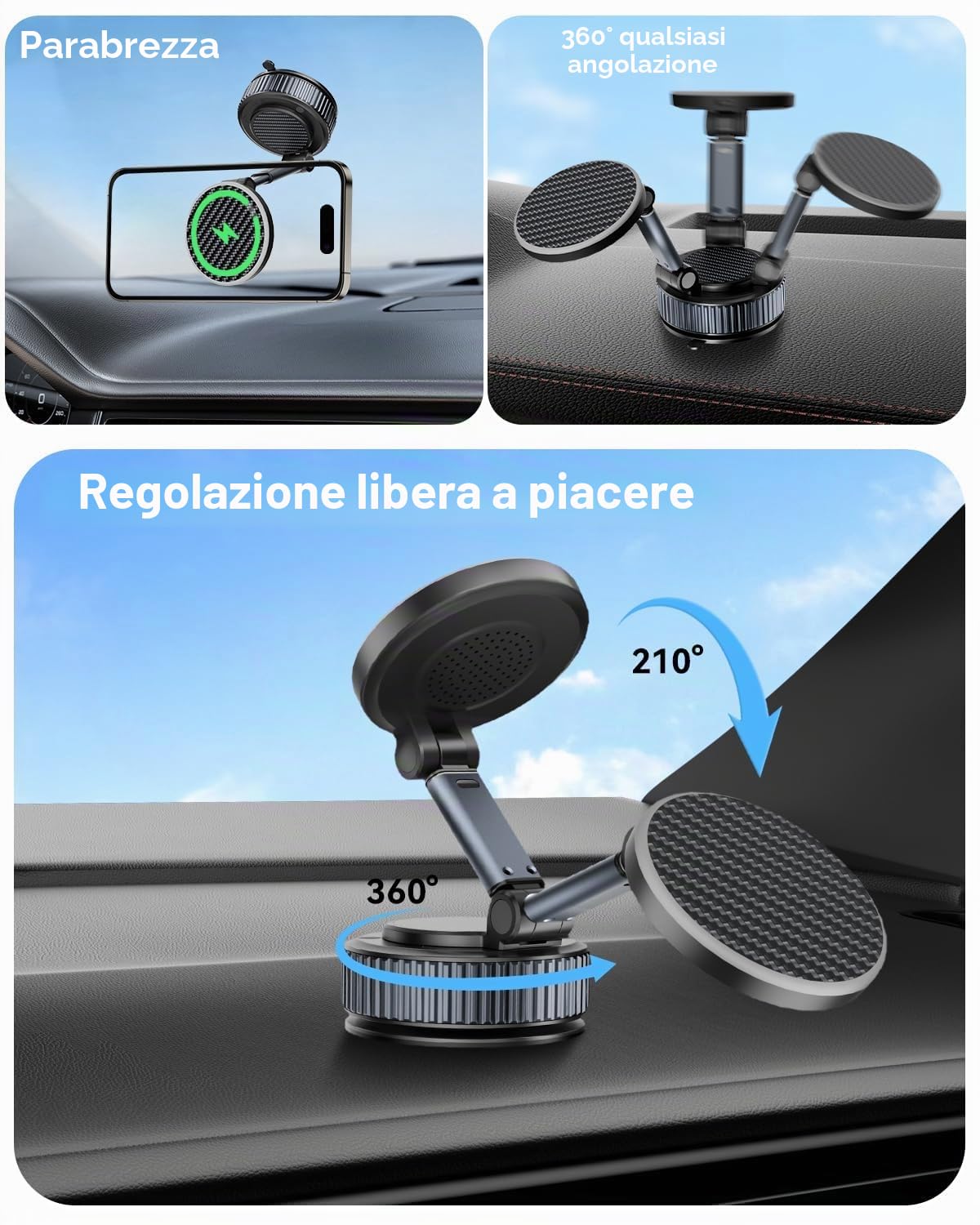 CloudValley Supporto Porta Cellulare Auto, Ricarica Wireless Magnetica 15W con Ventosa Suczione Vacuum Gel Nano Aggiornata, Regolabile 360° per Cruscotto/Parabrezza, Compatibile MagSafe iPhone 17-12