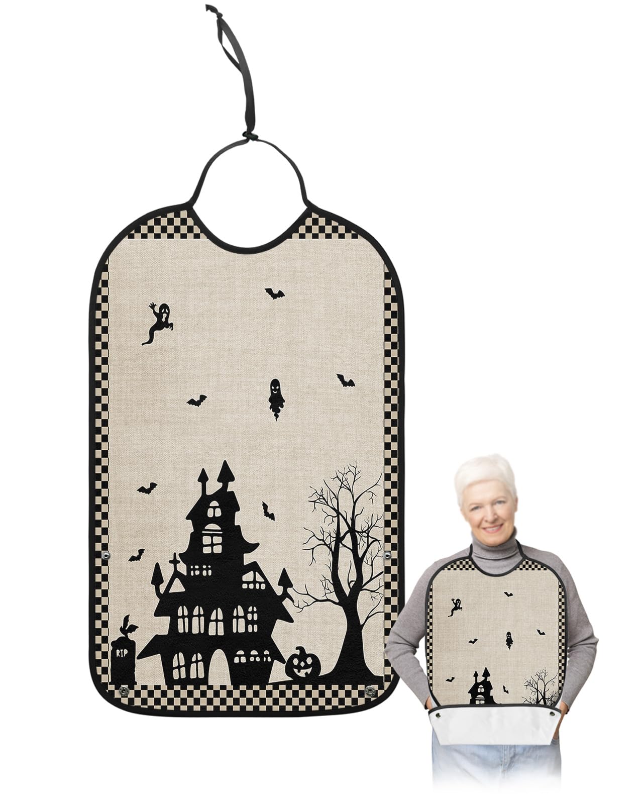 Halloween Adult Bibs for Eating, Waterproof Bibs with Food Catcher & Adjustable Snap Closure, Beige Black Plaid Castle Bat Rustic Burlap Washable Clothing Protectors Adult Bibs for Elderly Women/Men