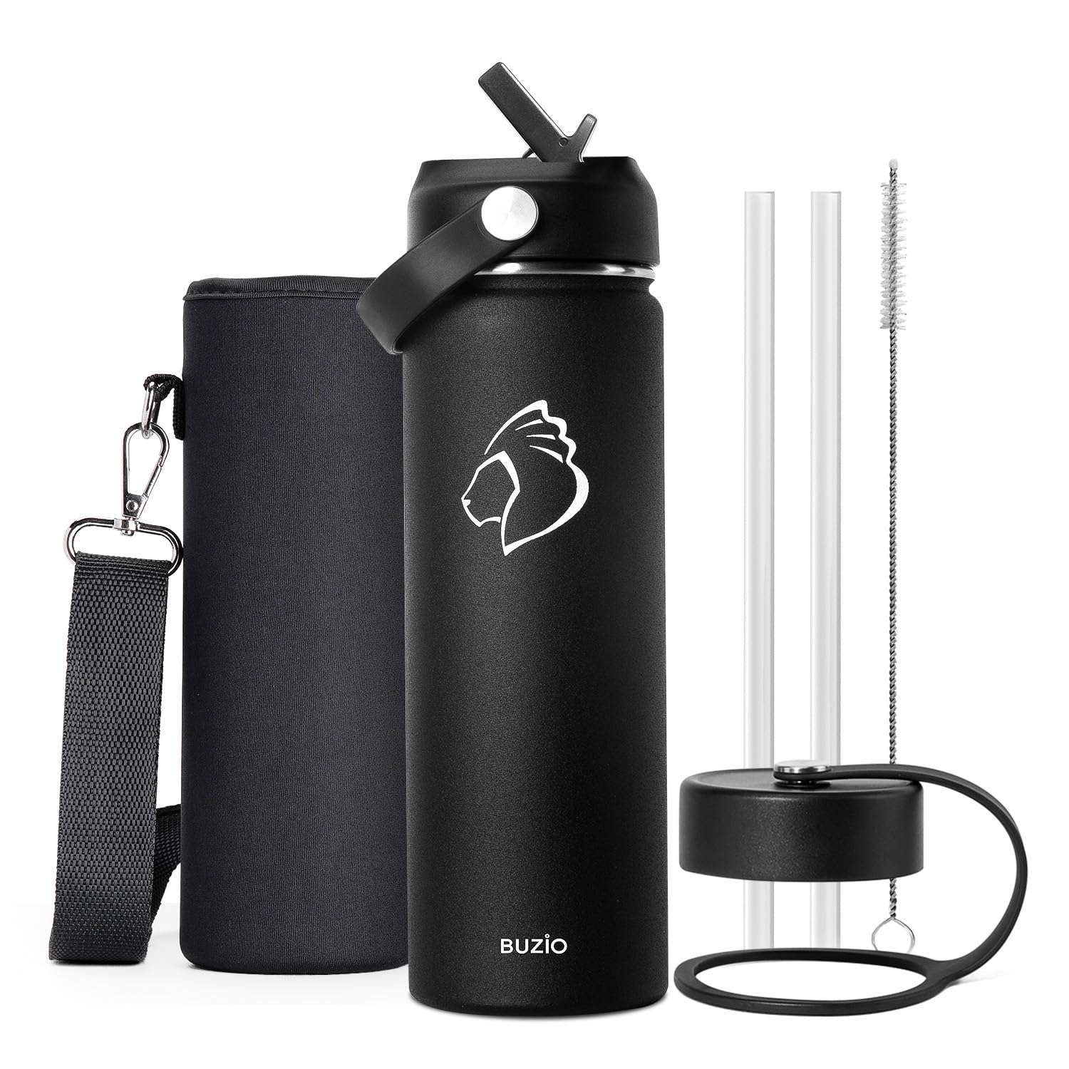 Insulated Water Bottle, BUZIO Stainless Steel Water Bottle with Straw 650 ml Double Walled Wide Mouth Sports Drink Flask with BPA Free Straw Lid and Flex Cap Cold for 48 Hrs, Black