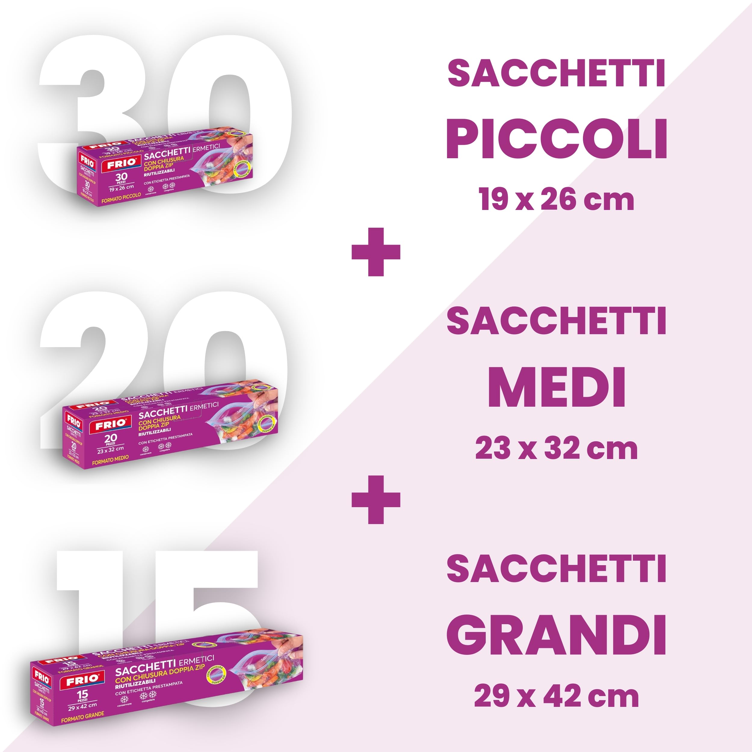 FRIO Set 65 sacchetti ermetici con chiusura Zip, 3 misure S-M-L, per congelatore, richiudibili