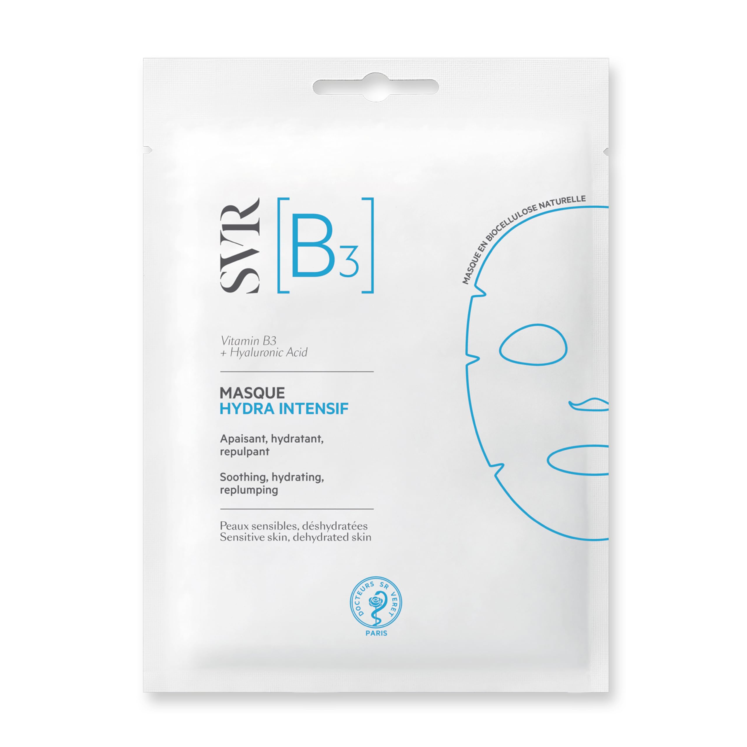 SVR [B3] Hydra Intensive Replenishing Bio-Cellulose Sheet Face Mask with Vitamin B3 and Hyluronic Acid, Plumping, Soothing, 24hr Moisturising Care for Dehydrated Skin, 12 ml X 1