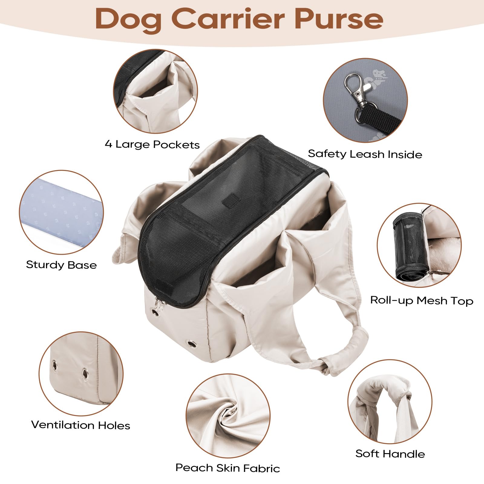 Dog Purse Carrier for Small Dogs, Cats, and Puppies – Soft-Sided Travel Pet Tote Bag with 4 Large Pockets, Foldable, Lightweight, Fits Pets up to 15 lbs, for Travel, Outings (Beige) - image 3