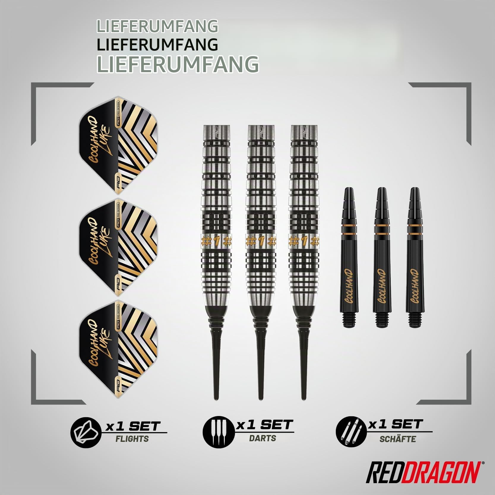 RED DRAGON Darts – Professioneller Spieler - Luke Humphries Coolhand Prestige - 90% Wolfram - 18g Fass / 20g Volles Gewicht Weiche Spitze Dart-Set mit Dart Flüge und Dartschäfte