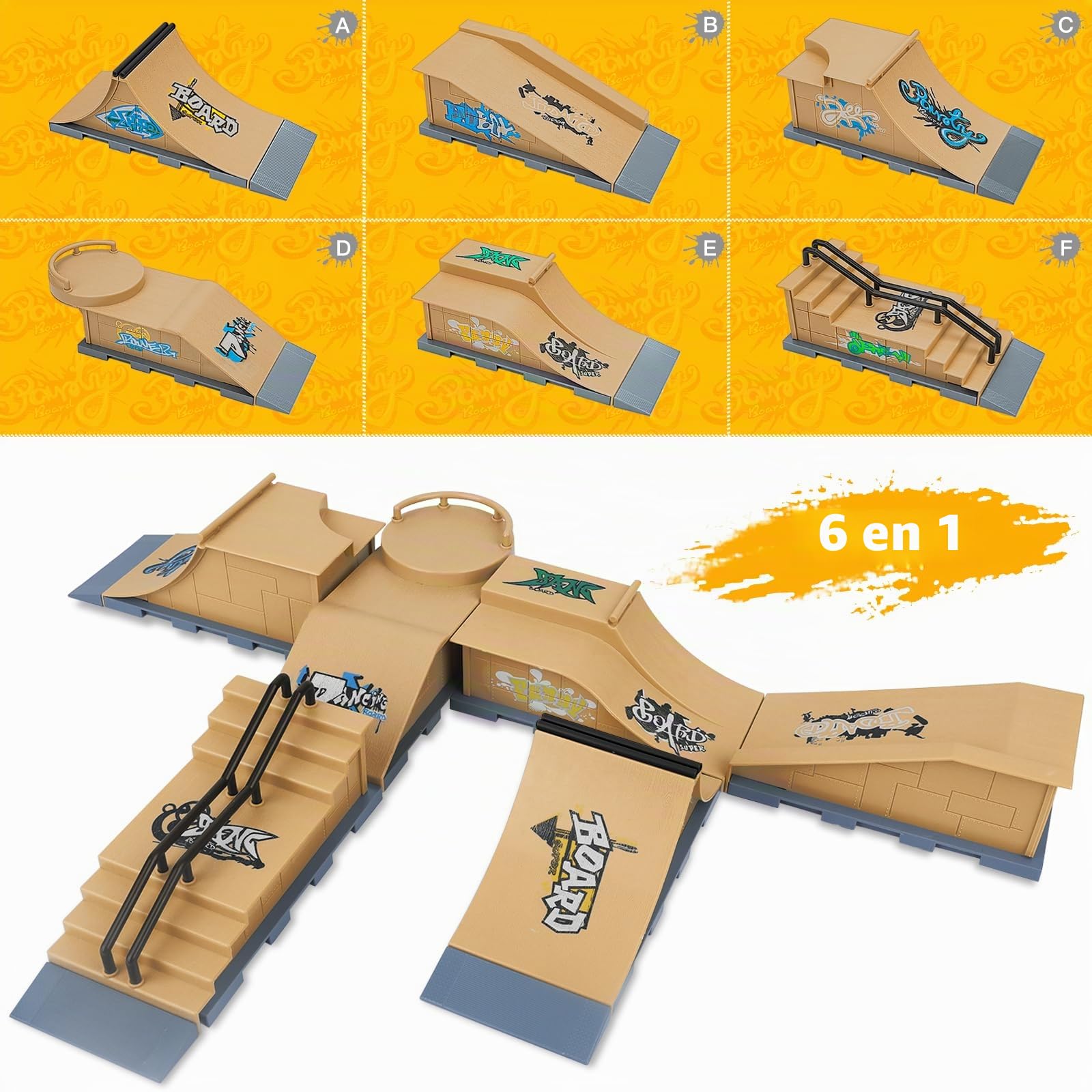 Gr8ware Mini Skateboard Ramp Set con Dedos - Diapasón Park, Juguetes Finger, DIY Assemble, Kit para Adolescentes (6IN1)