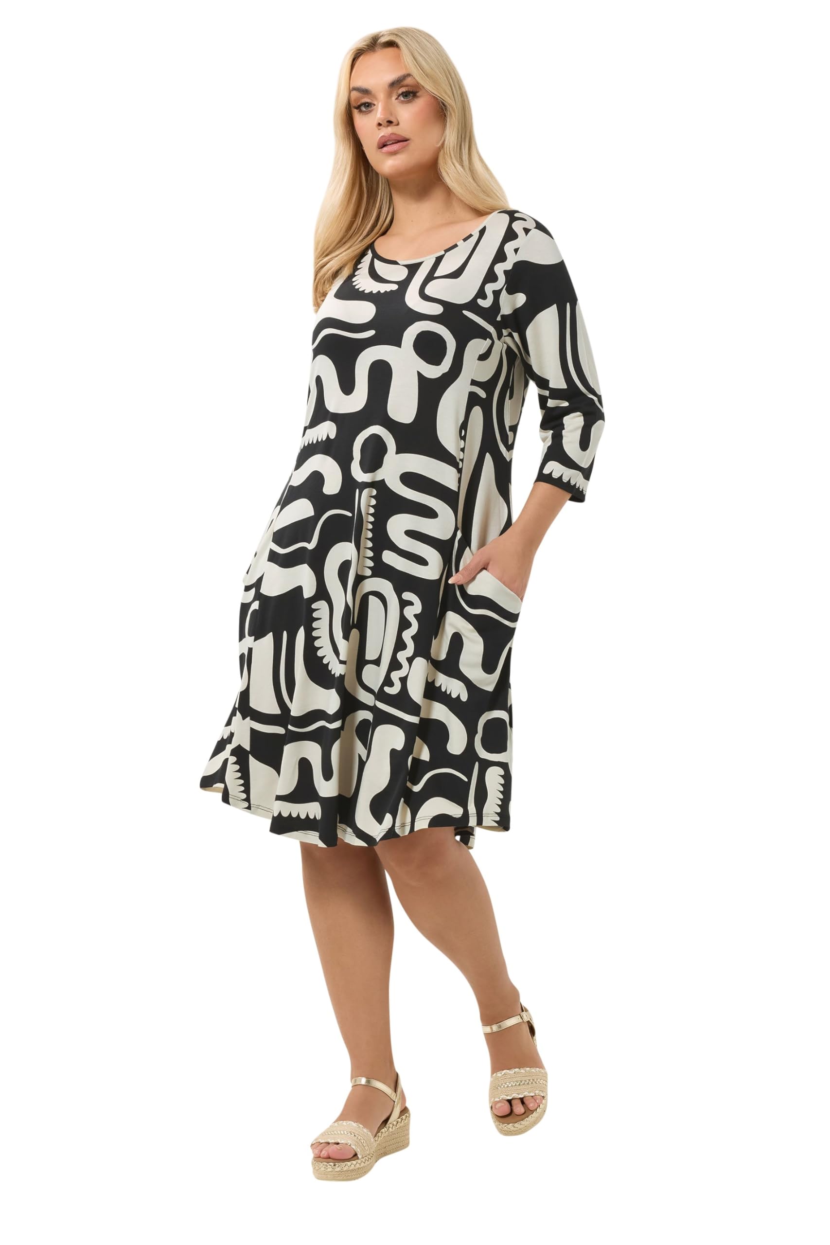 Yours Women's Black Abstract Geometric Tunic Dress In Size 30-32