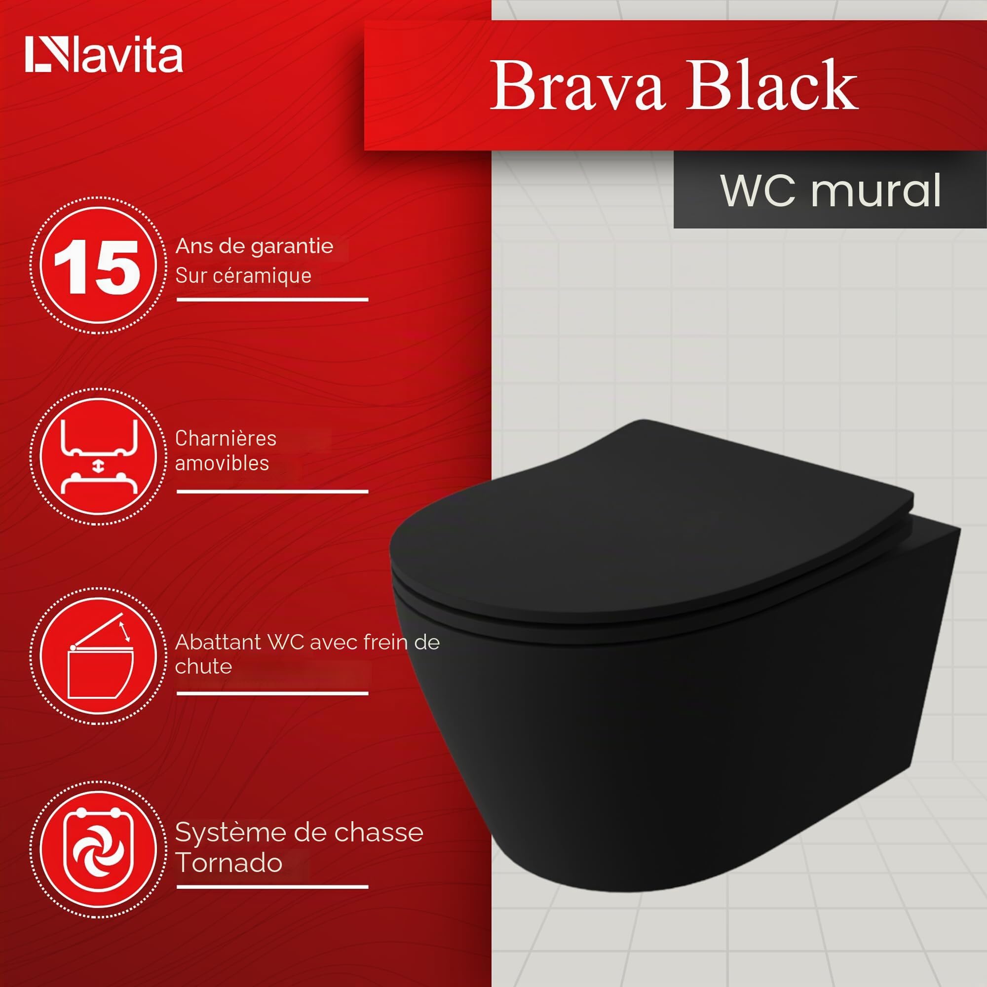 Lavita Duofix Basic voorwandelement + wandtoilet Brava zwart randloos + wc-bril met softclose + bedieningsplaat Delta 25 zwarte knop Complete set inbouwreservoir toilet