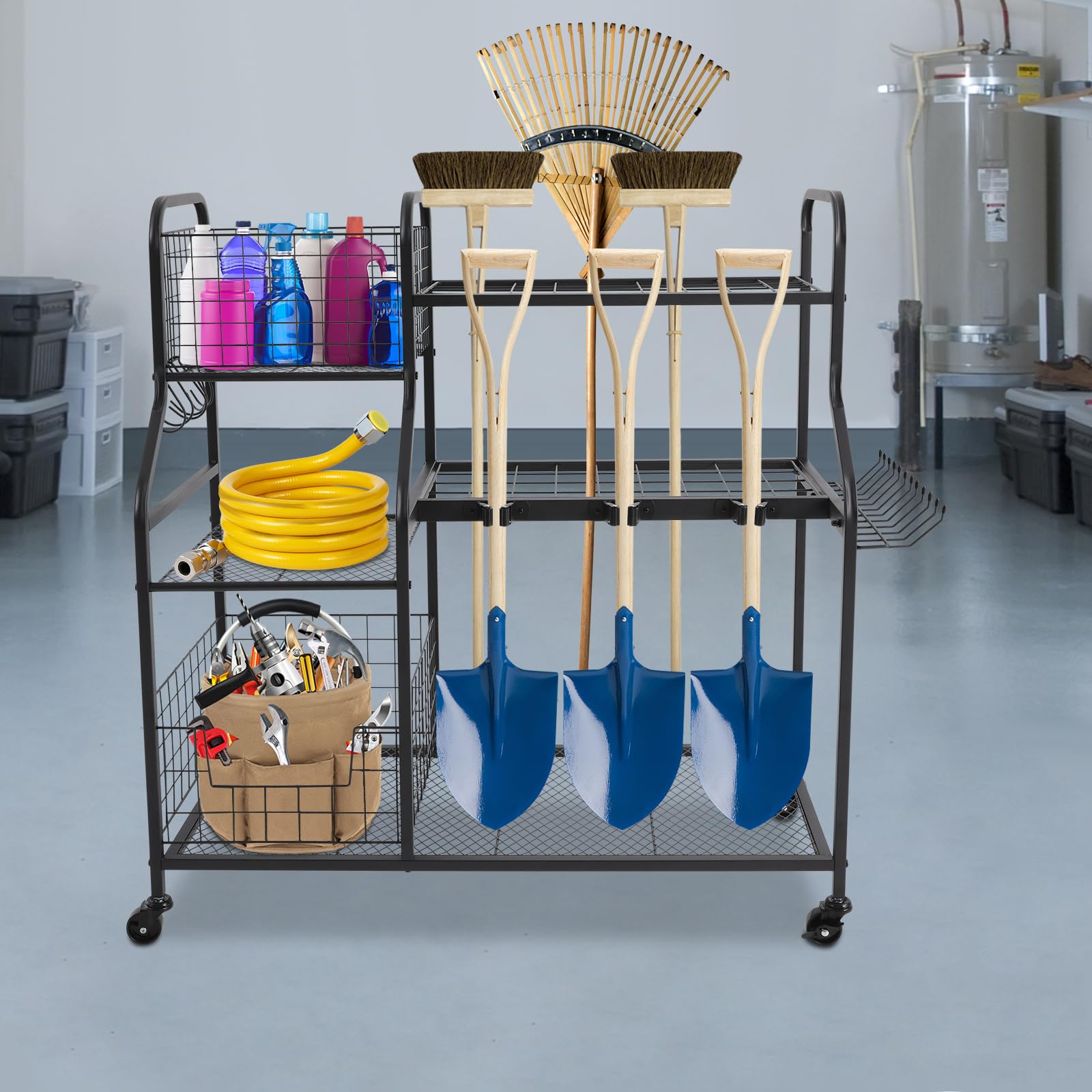 Supporto per attrezzi da giardino, organizer per attrezzi, da giardino, 92 cm, in metallo nero, con ruote per garage, balcone, giardino