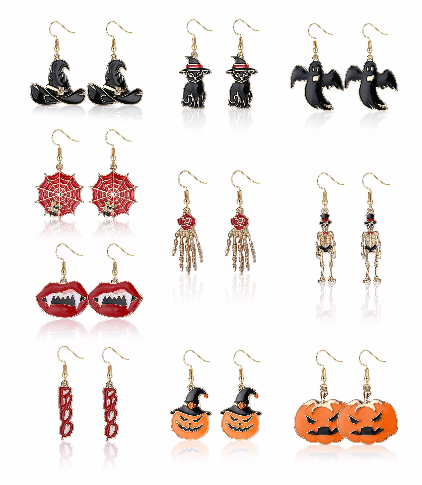 Photo 1 of 10 Pairs Halloween Earrings for Women Lip Earrings Spider Skeleton Earrings Pumpkin Ghost Earrings Black Cat Halloween Costume Earrings Set