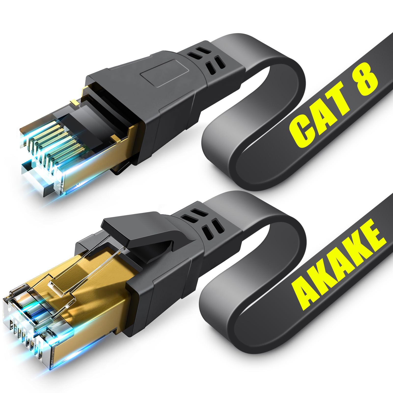 Akake Cat 8 Ethernet Cable, 0.5M 1M 2M 3M 5M 6M 9M 12M 15M 18M 30M Heavy Duty High Speed Flat Internet Network Cable, Professional LAN Cable Shielded in Wall, Indoor&Outdoor(0.5M), Black