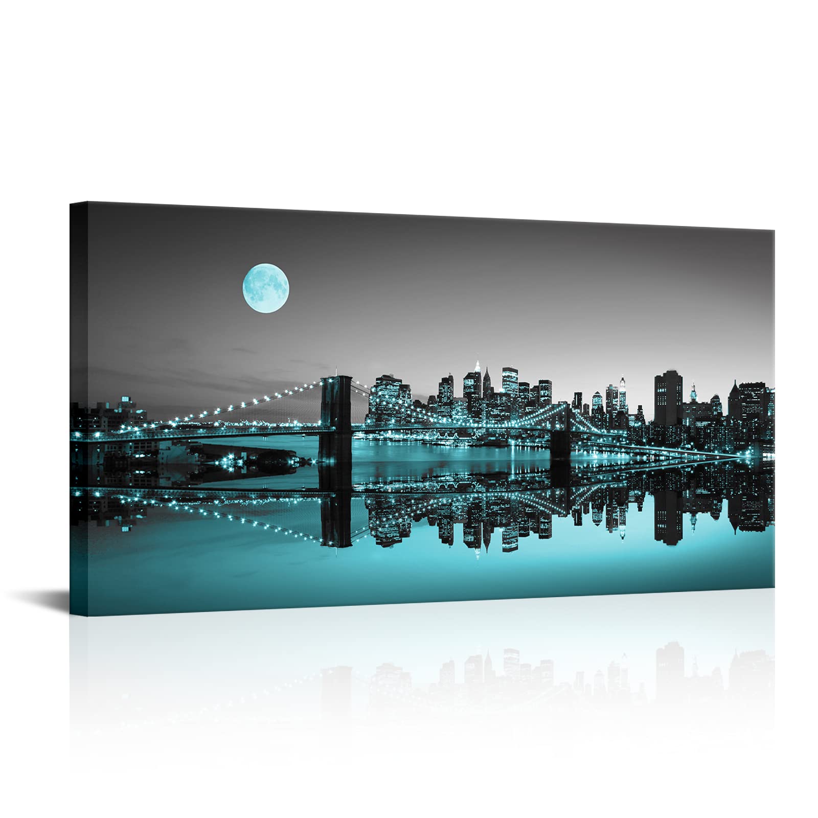 Conipit Brooklyn Bridge Canvas Teal Grey City Wall Art Brooklyn Bridge Picture Framed New York City Skyline Artwork US City Panoramic Painting for Home Office Decor Ready to Hang 24x48 Inch