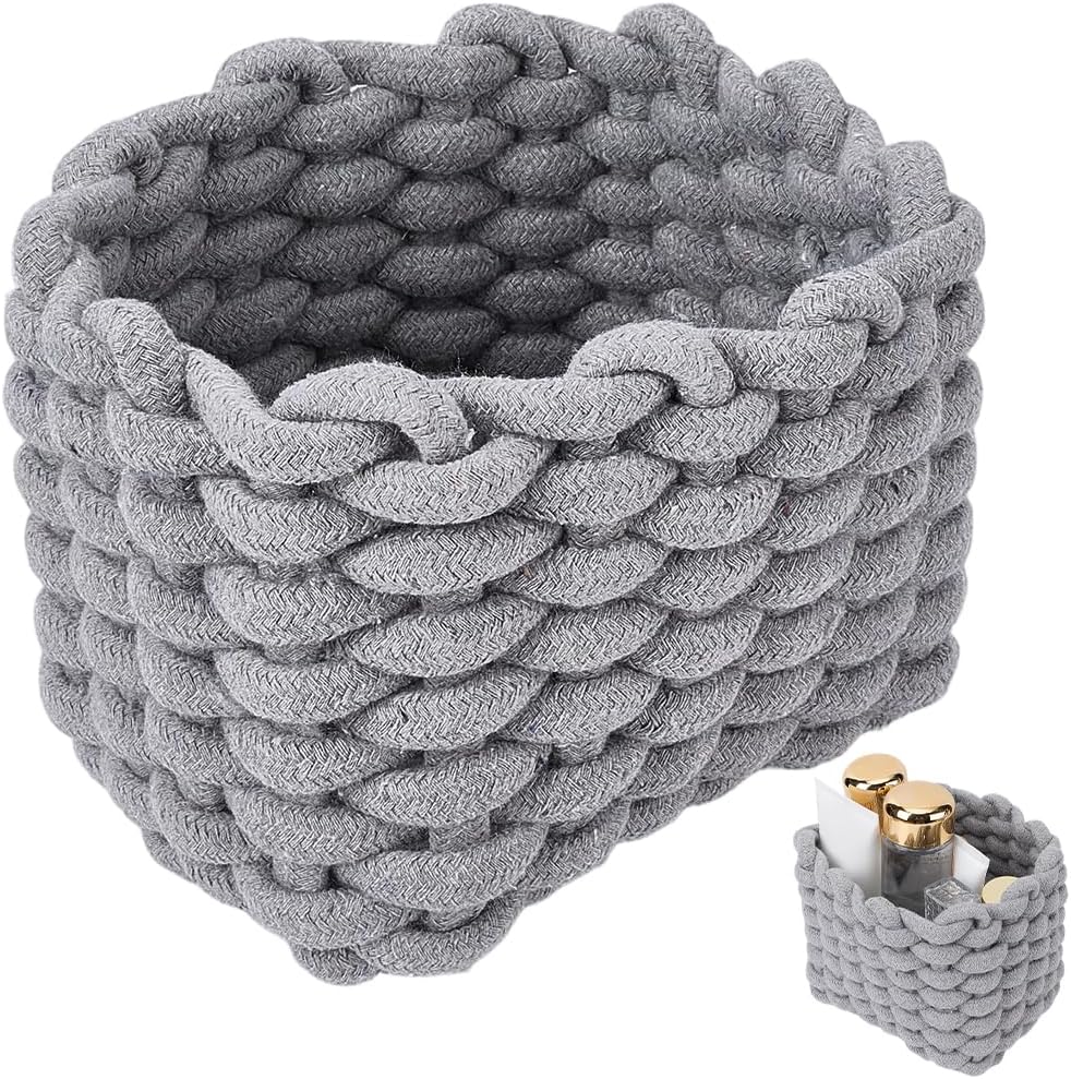 CREATCABIN Woven Small Baskets Cotton Rope Baskets for Organization Bin Gray Mini Tiny Baskets Boho Square Storage Basket for Nursery Cosmetics Living Room Bathroom Cube Shelf Home Decor 7x5x6Inch