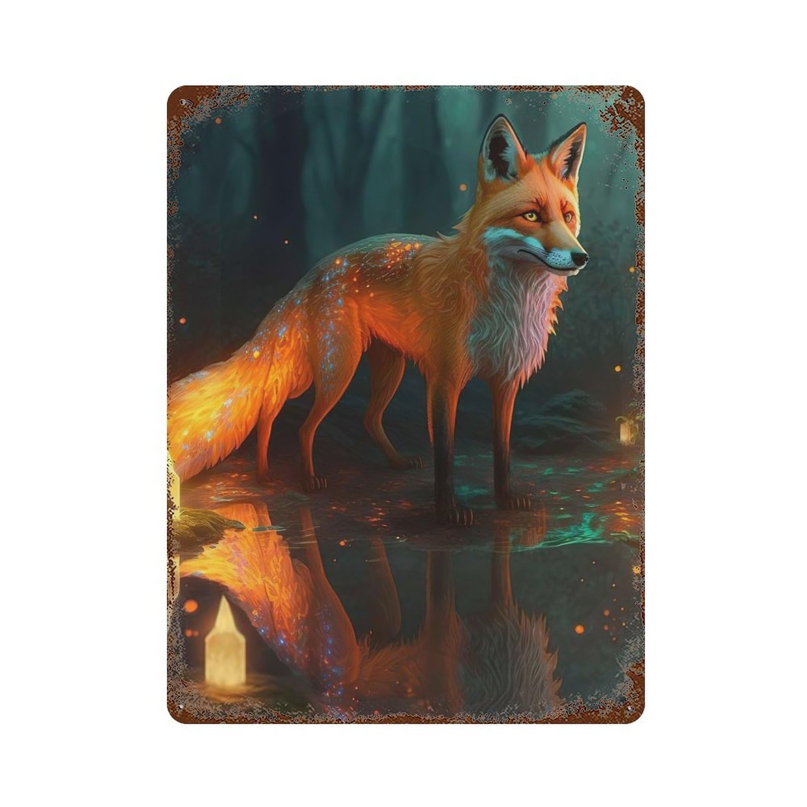 Neon Fox Rust Effect Tin Sign 15.7"x11.8", Rustic Home Decor for Cafe, Home Bar And Lounge Decor