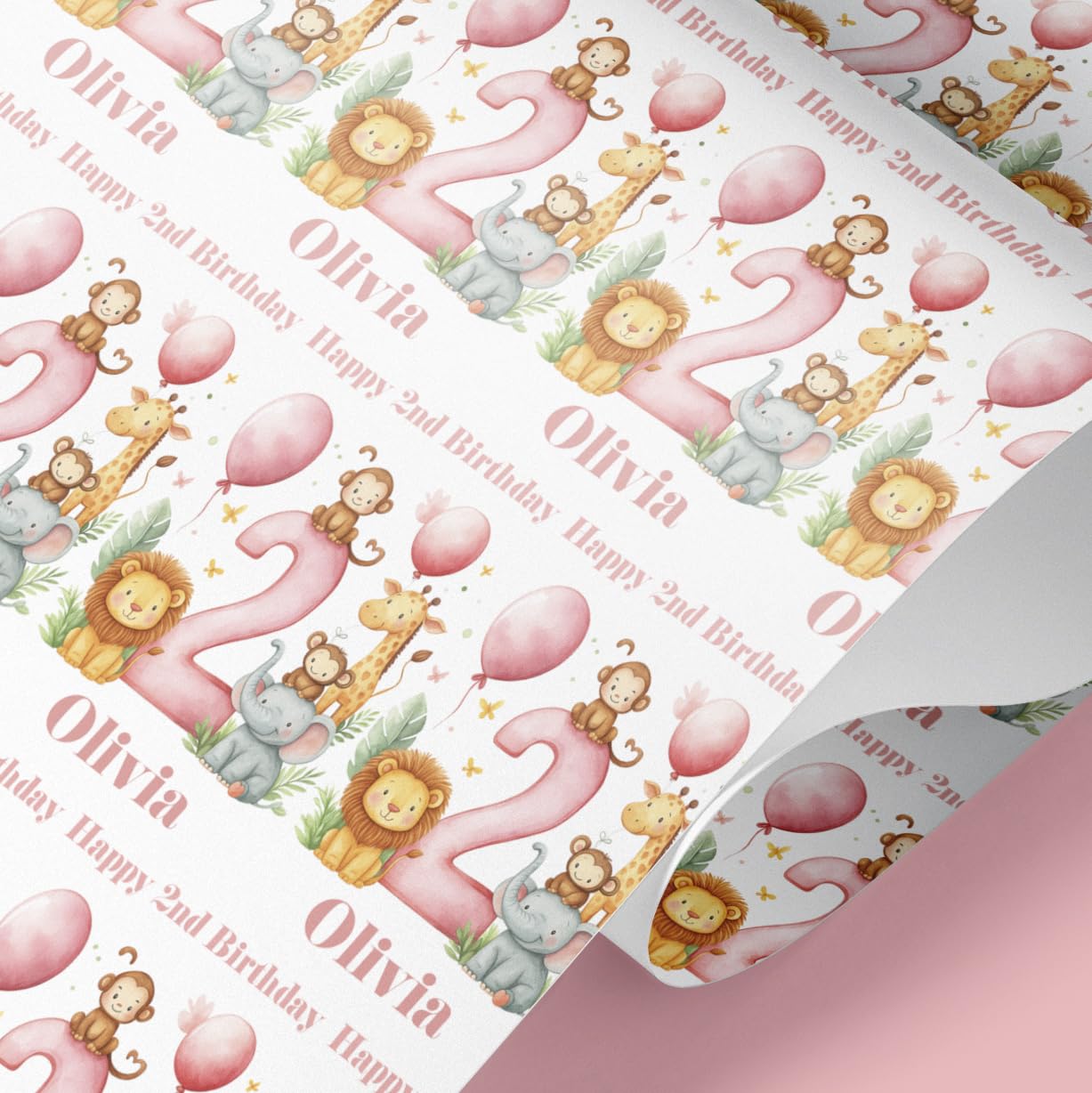 Personalised 2nd Birthday Wrapping Paper | Safari Animal Gift Wrap with Elephant, Giraffe, Lion, Monkey & Balloons | Custom Name & Age | 61cm Wide Rolls | Kids Birthday Present Wrap (Pink, 7mt)