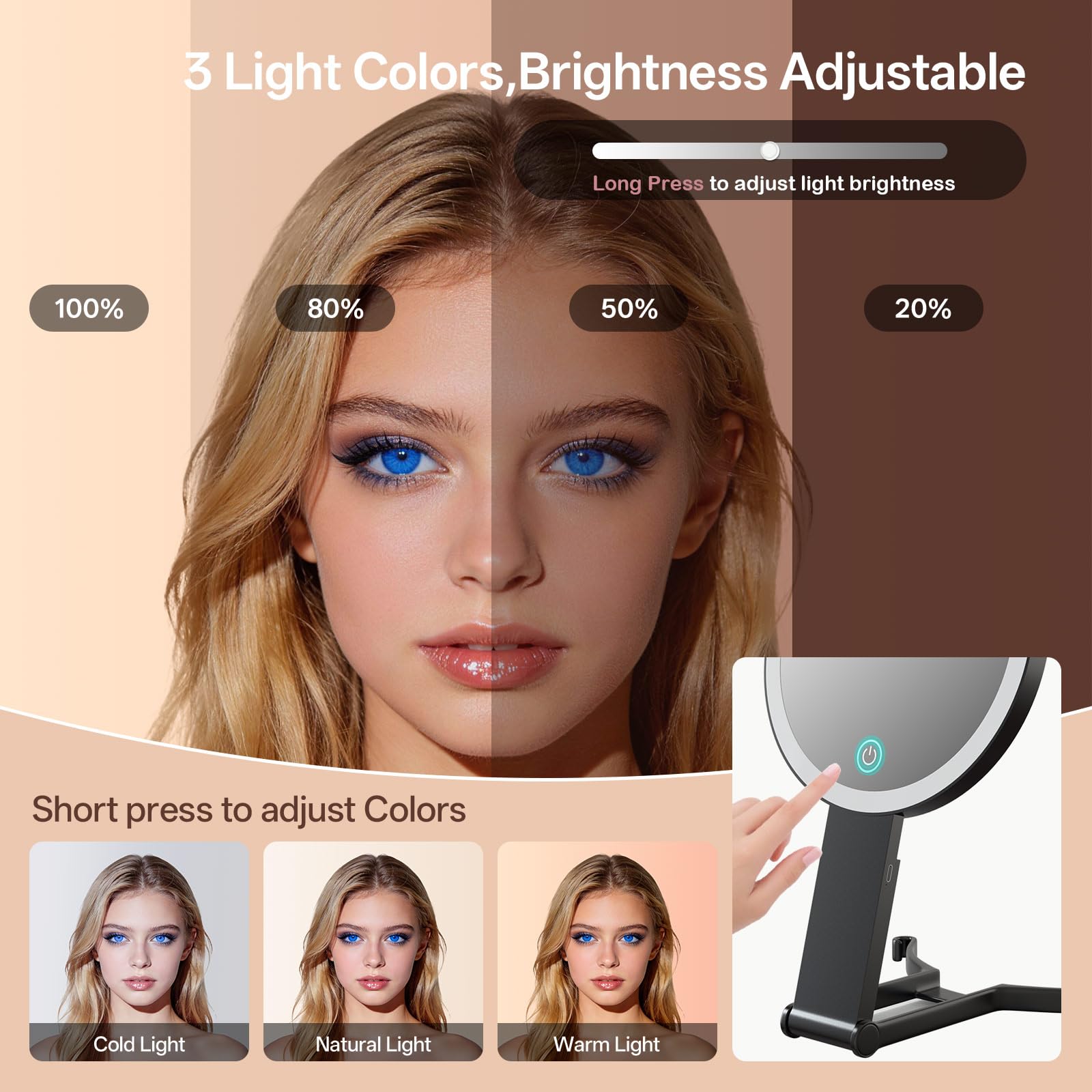 Black Handheld Makeup Mirror with Lights, Rechargeable Double-Sided Magnifying Mirror