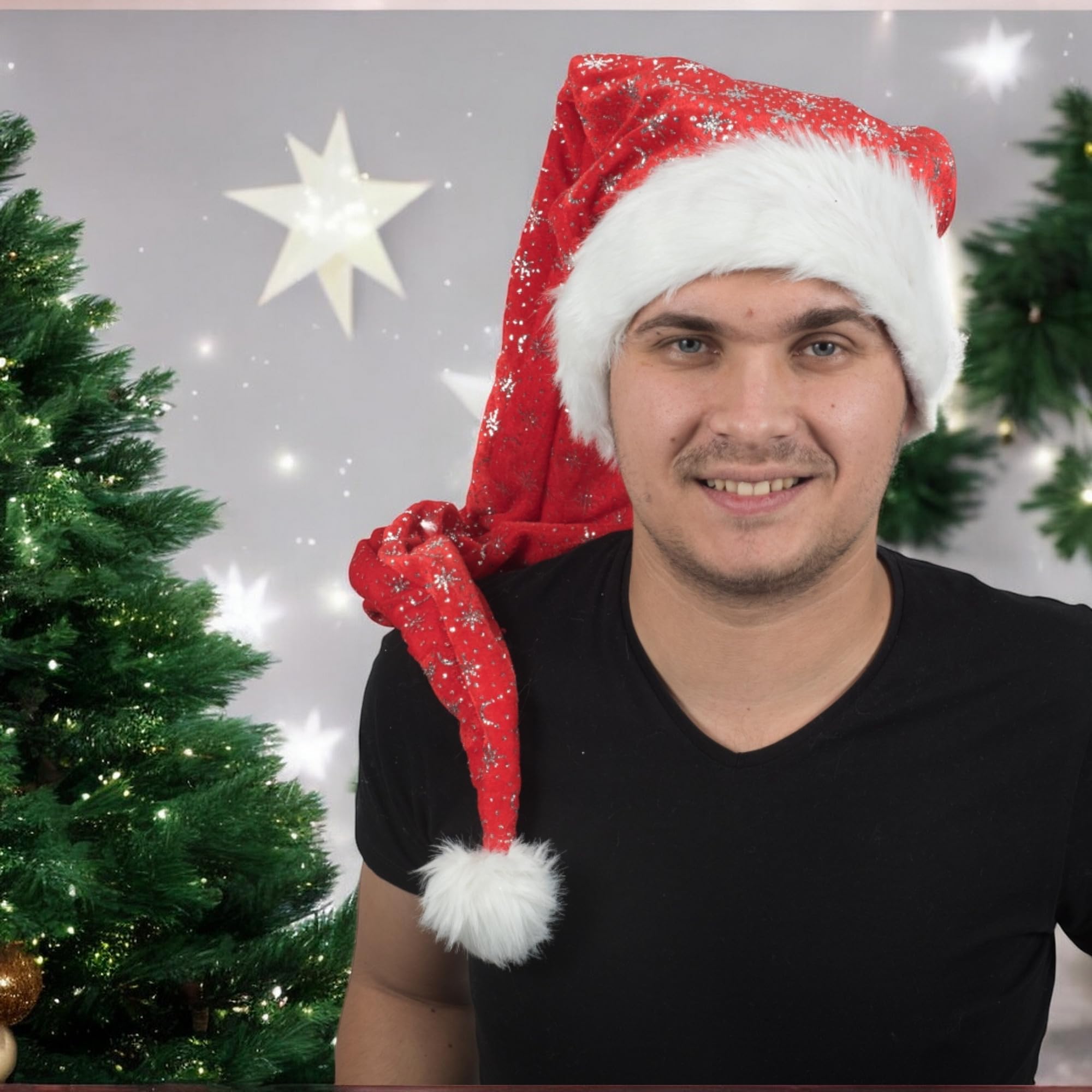 Ciffre 3 er Set Lange Weihnachtsmütze Nikolausmütze Rot Plüsch mit Glitzer Staub X5