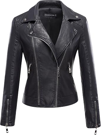 Tanming Womens Faux Leather Moto Biker Short Coat Jacket