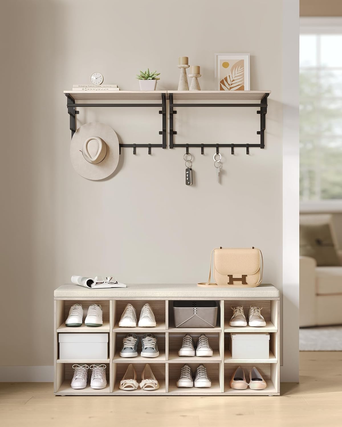 VASAGLE shoe bench in a hallway setting with a coat rack above, showing practical use