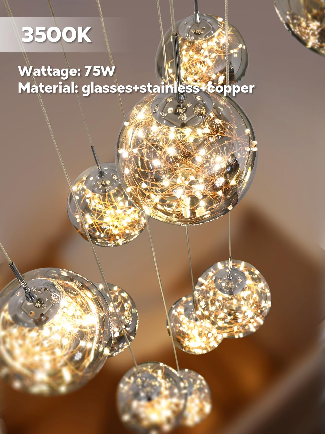 250CM Lampadario LED per Scale 15 Sfere di Vetro 80W 3000K Grigio | Treppenhaus Lampada a Sospensione Soffitto Moderne Länge Lampadari Ville Luci la Sala Cucina Soggiorno Glass ball