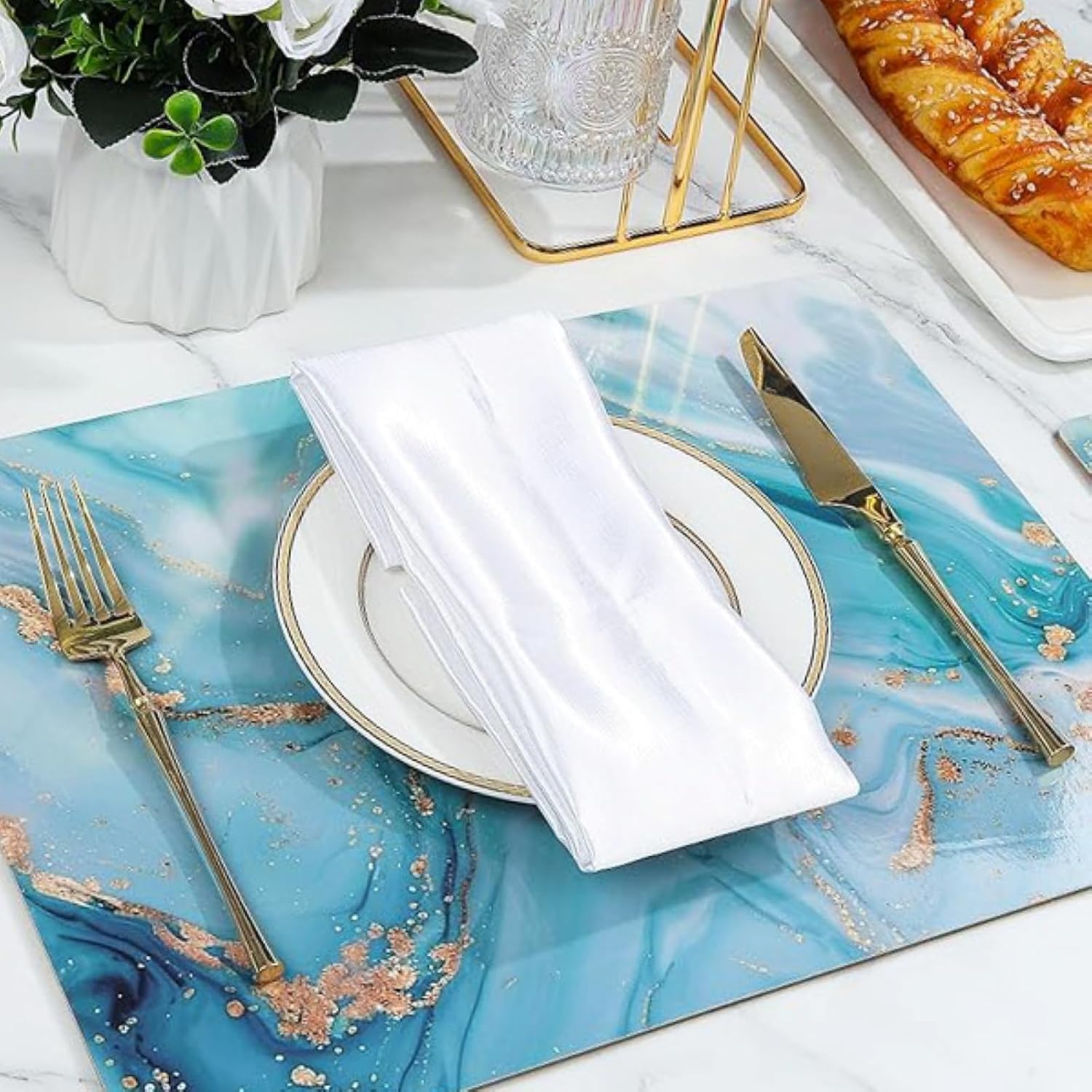fanquare Cork Placemats and Coasters Set of 4, Marble Pattern Design Table Mats, Hard Surface, Heat Resistant & Easy to Clean Abstract Table Décor, Blue River